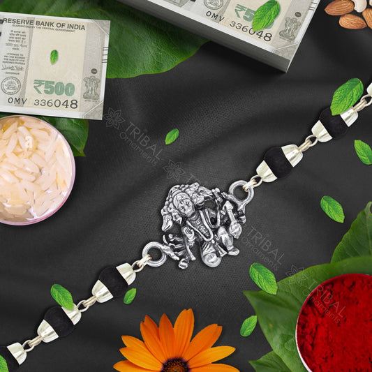 Exclusive style Lord Panchmukhi hanuman 925 sterling silver Rakhi bracelet in rudraksh/black basil/white basil and silver beaded chain rk264 - TRIBAL ORNAMENTS