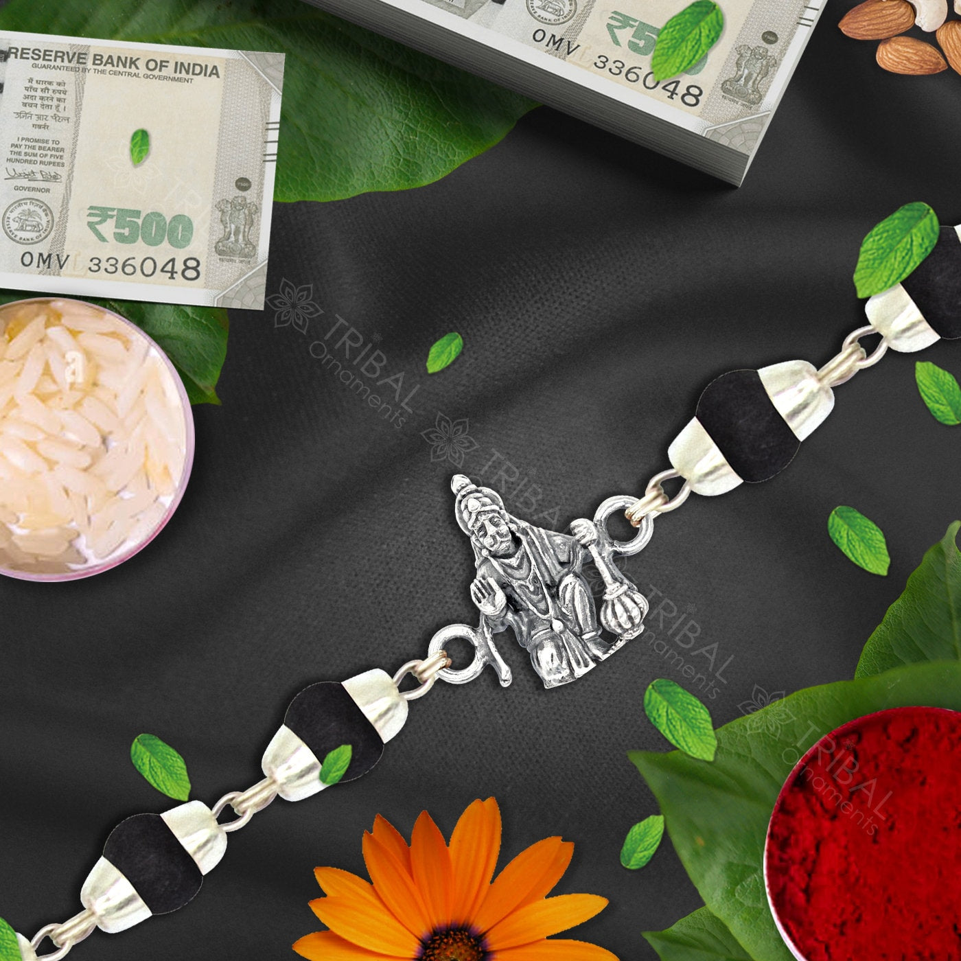 Exclusive style Lord blessing hanuman 925 sterling silver Rakhi bracelet in rudraksh/black basil/white basil and silver beaded chain rk265 - TRIBAL ORNAMENTS