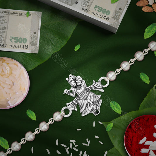 Lord Krishna Radhe Krishna design 925 sterling silver Rakhi bracelet in rudraksh/black basil/white basil and silver beaded chain rk275 - TRIBAL ORNAMENTS