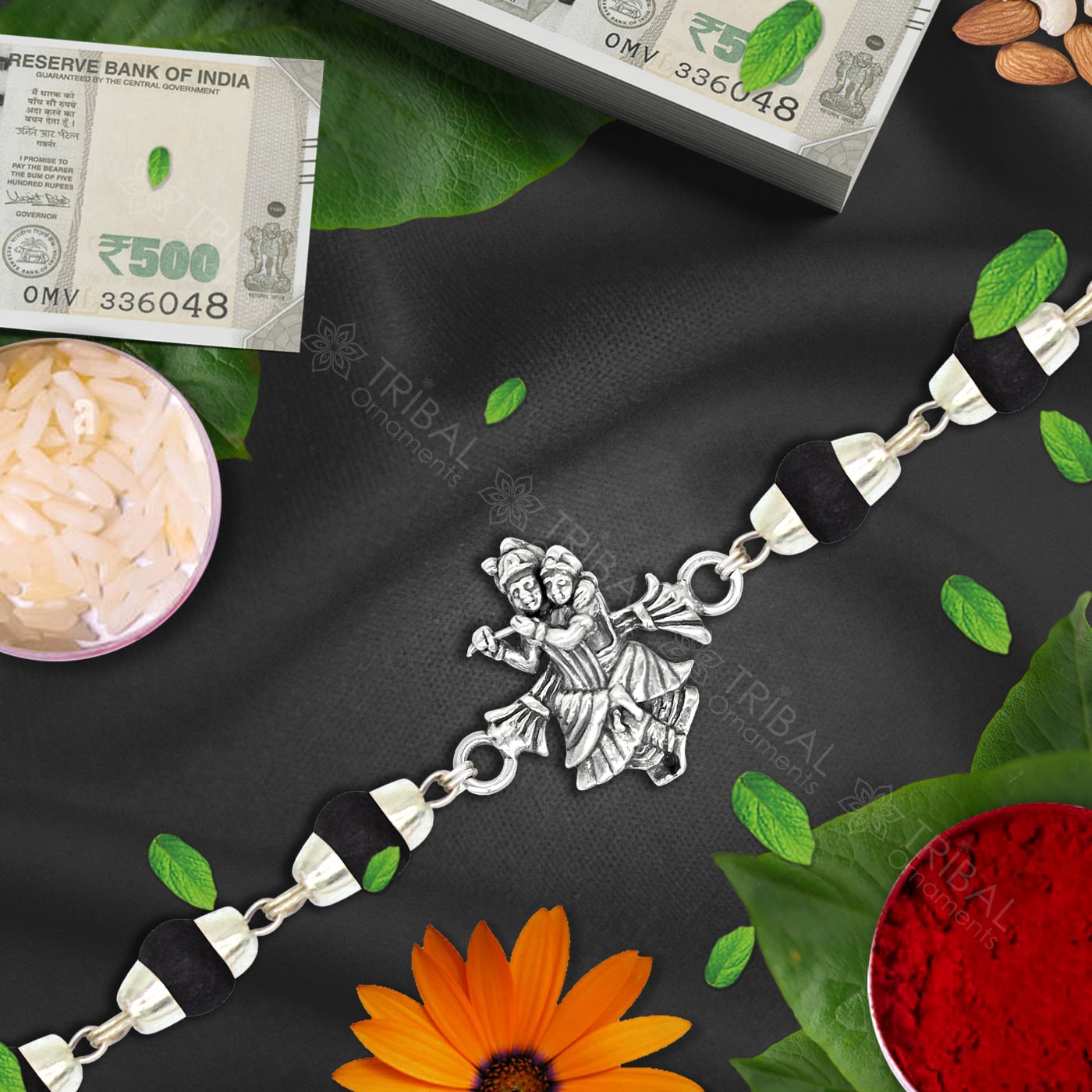 Lord Krishna Radhe Krishna design 925 sterling silver Rakhi bracelet in rudraksh/black basil/white basil and silver beaded chain rk275 - TRIBAL ORNAMENTS