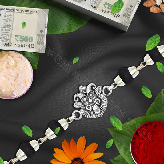 Amazing Mahakal Bhairwa Nazar battu 925 sterling silver Rakhi bracelet in rudraksh/black basil/white basil and silver beaded chain rk283 - TRIBAL ORNAMENTS