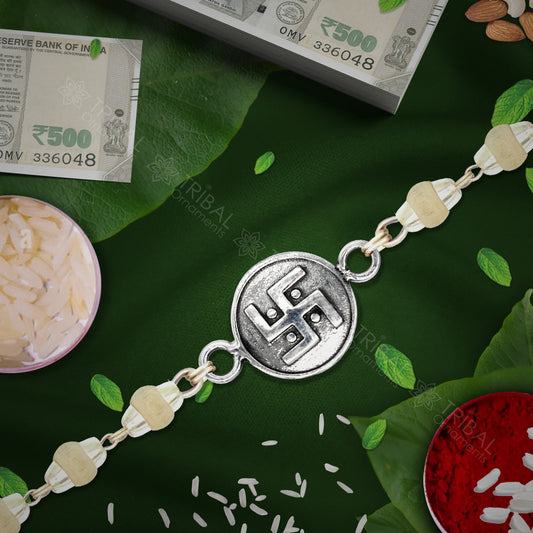 Amazing stylish delicate charm rakhi 925 sterling silver Rakhi bracelet in rudraksh/black basil/white basil and silver beaded chain rk287 - TRIBAL ORNAMENTS