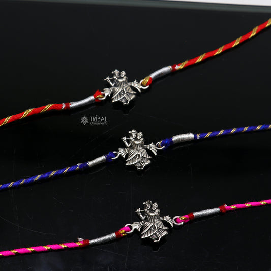 925 sterling silver handmade Rakhi Bracelet, Exclusive hare Krishna Radha Krishna design pendant Rakhi Bracelet for Rakshabandhan rk293 - TRIBAL ORNAMENTS