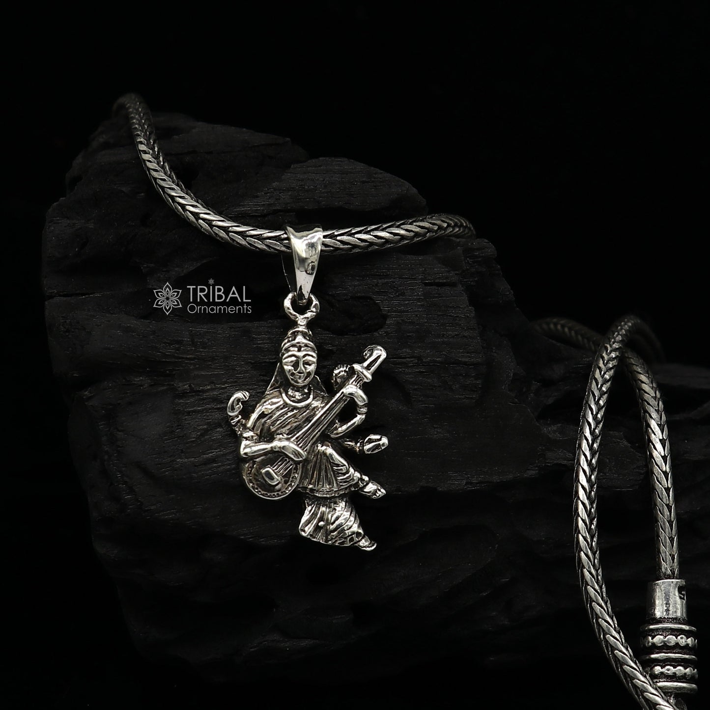 925 sterling silver handmade goddess sarashwati or saraswati maa pendant, best student pendant for pray nsp695 - TRIBAL ORNAMENTS