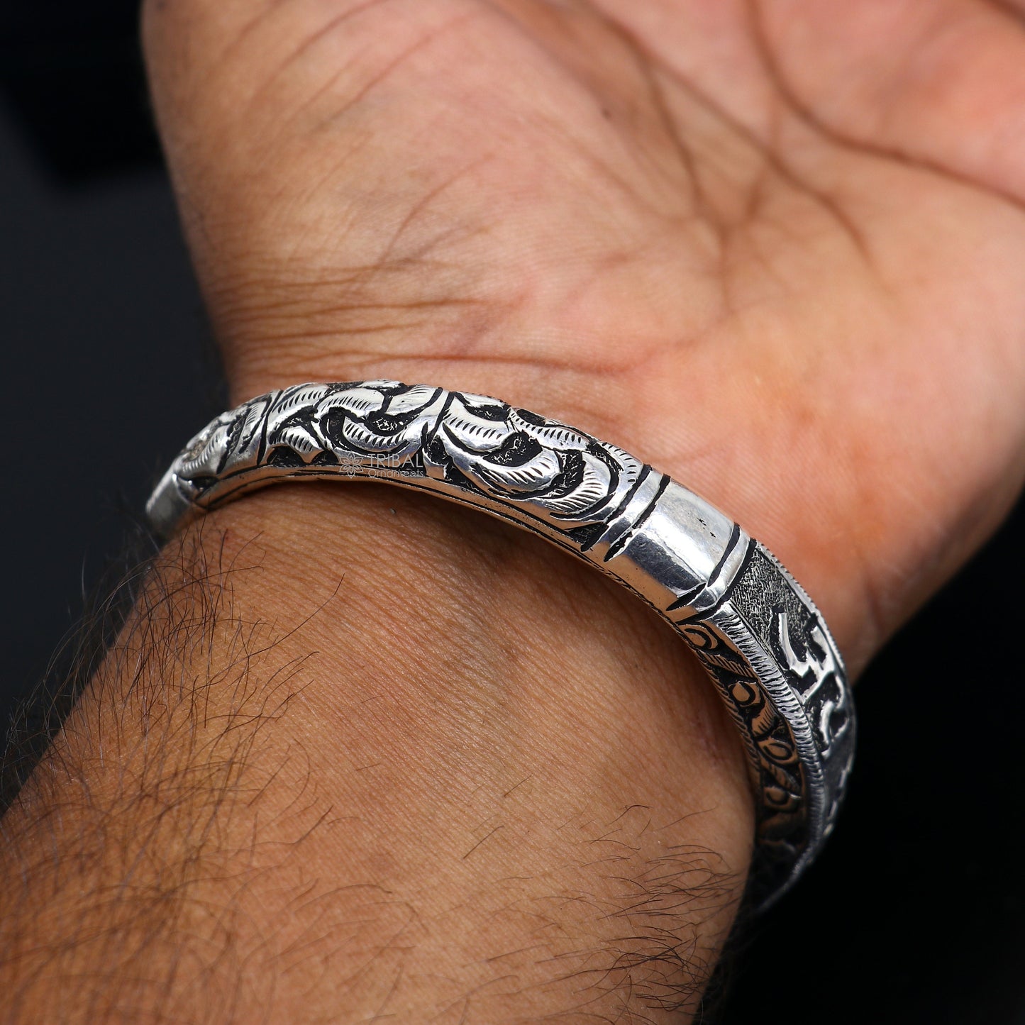 925 Sterling silver handmade Divine "jai Shree Shyam" Lord Krishna mantra bracelet kada best divine unisex tribal ethnic jewelry nsk709 - TRIBAL ORNAMENTS