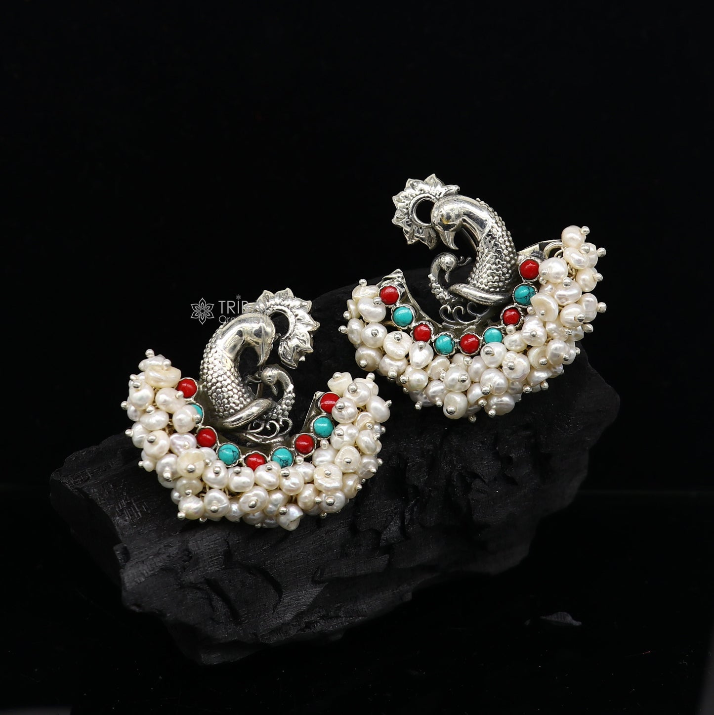 925 sterling silver handmade Stylish peacock design coral and turquoise stone stud earring fabulous hanging pearls guttapusalu jewelry s1202 - TRIBAL ORNAMENTS