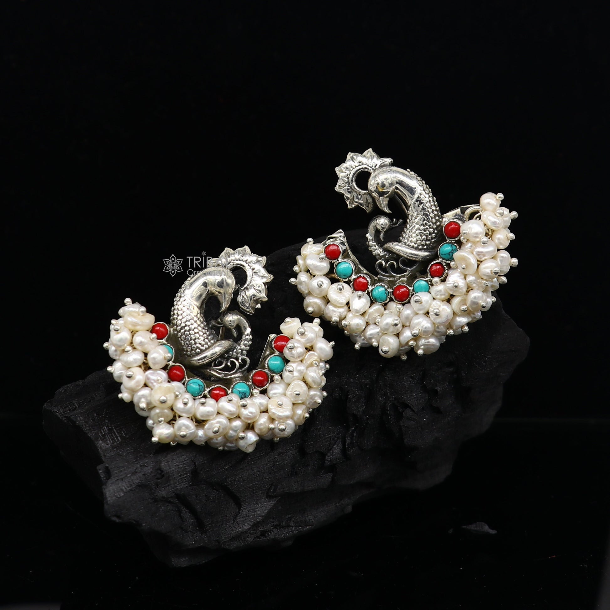 925 sterling silver handmade Stylish peacock design coral and turquoise stone stud earring fabulous hanging pearls guttapusalu jewelry s1202 - TRIBAL ORNAMENTS