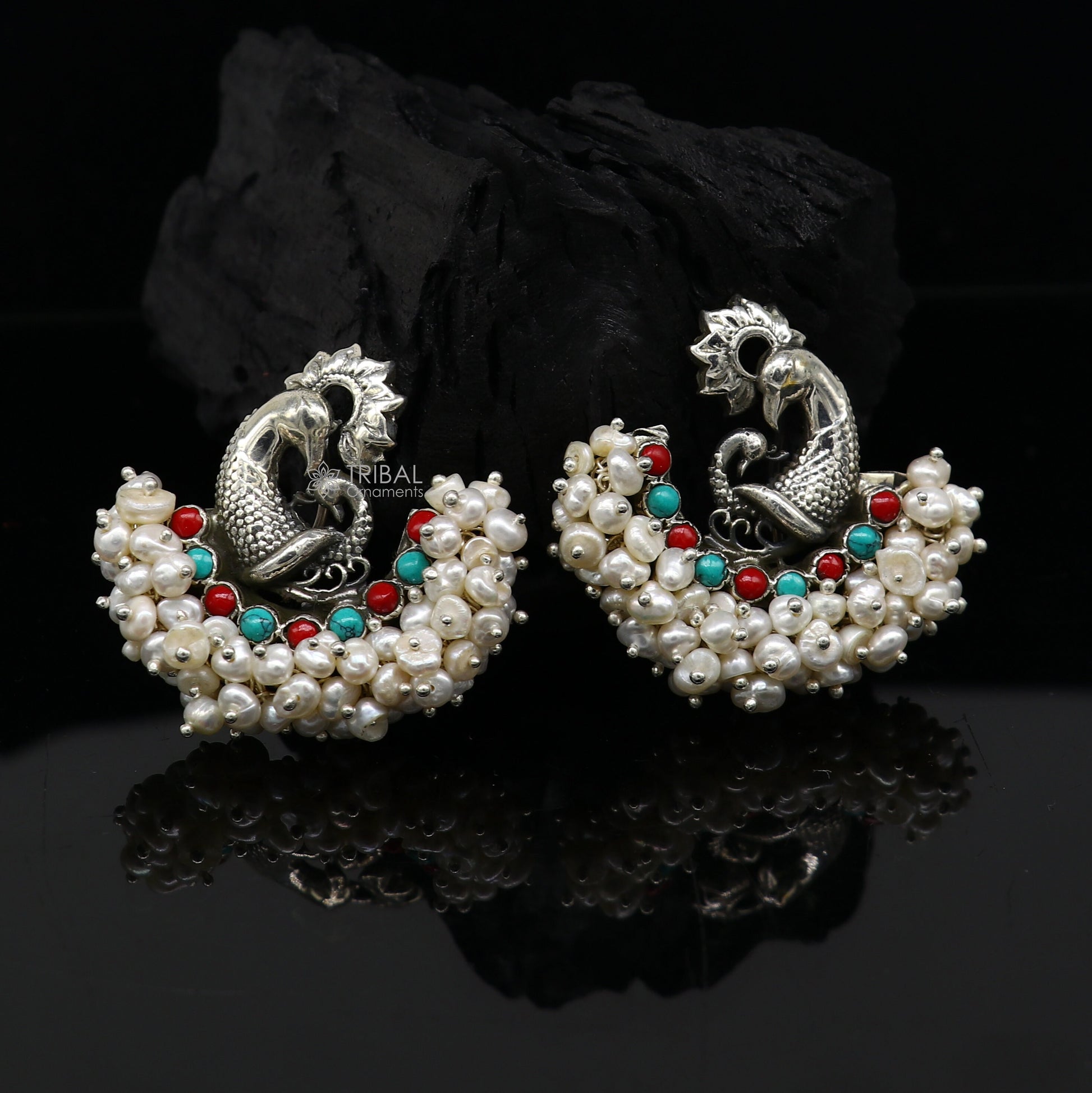 925 sterling silver handmade Stylish peacock design coral and turquoise stone stud earring fabulous hanging pearls guttapusalu jewelry s1202 - TRIBAL ORNAMENTS