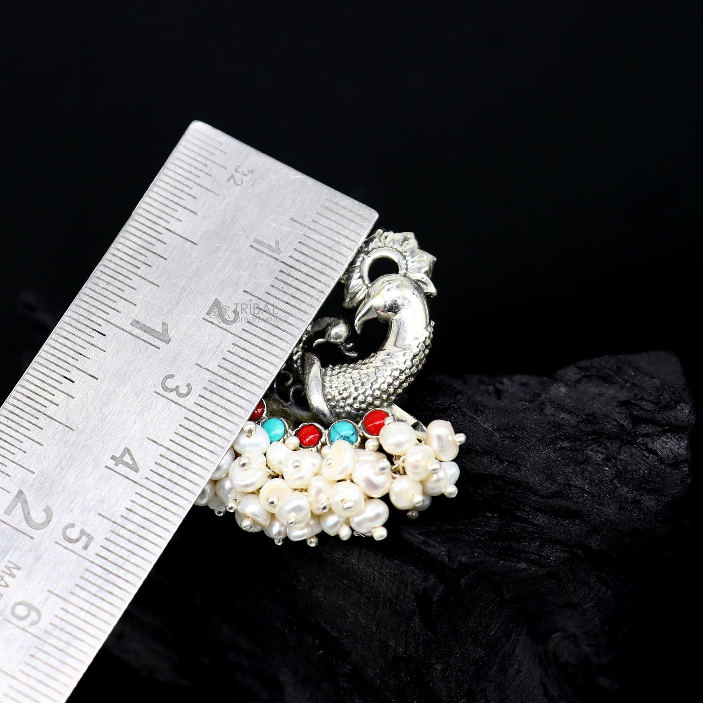 925 sterling silver handmade Stylish peacock design coral and turquoise stone stud earring fabulous hanging pearls guttapusalu jewelry s1202 - TRIBAL ORNAMENTS
