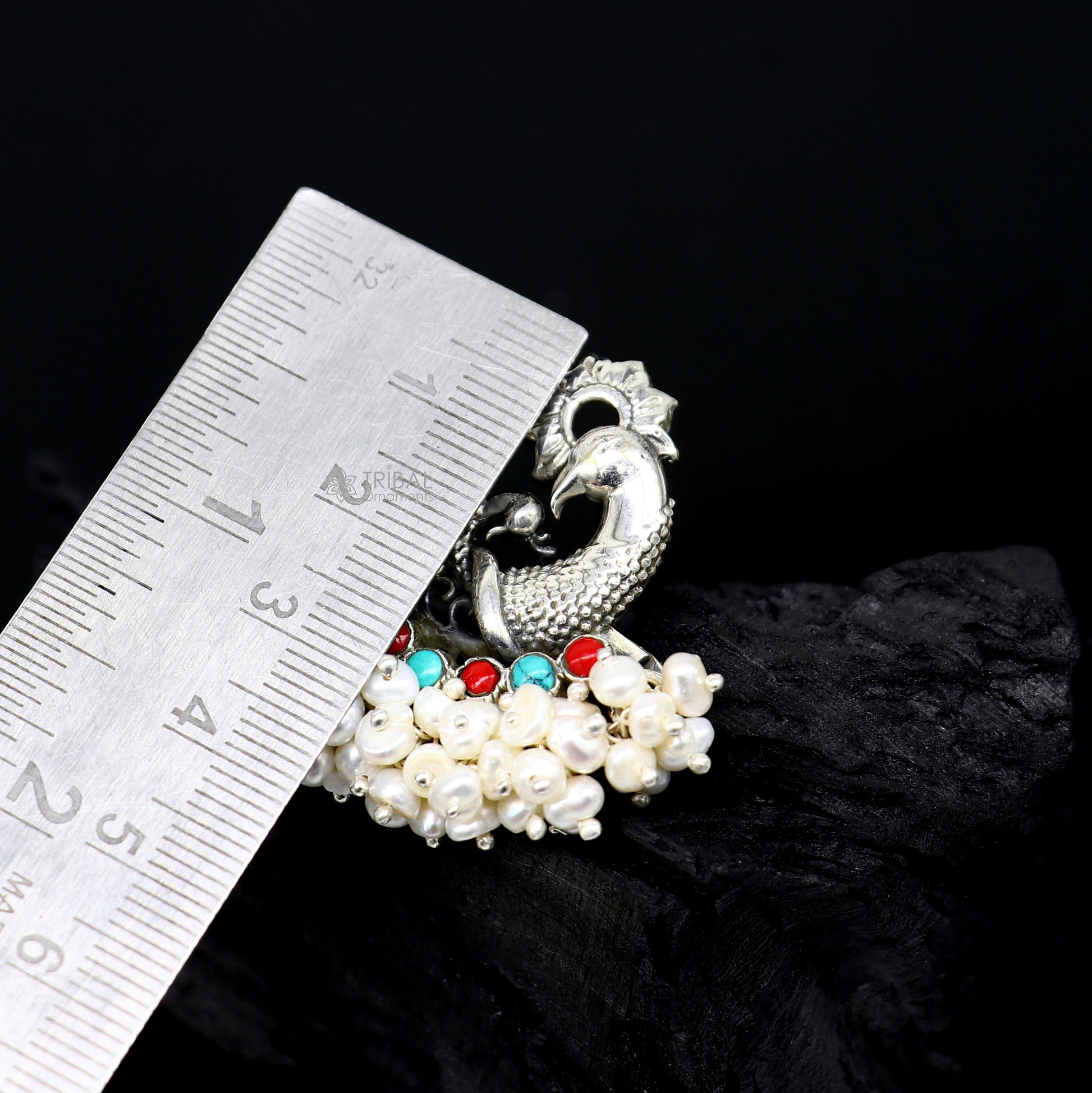 925 sterling silver handmade Stylish peacock design coral and turquoise stone stud earring fabulous hanging pearls guttapusalu jewelry s1202 - TRIBAL ORNAMENTS