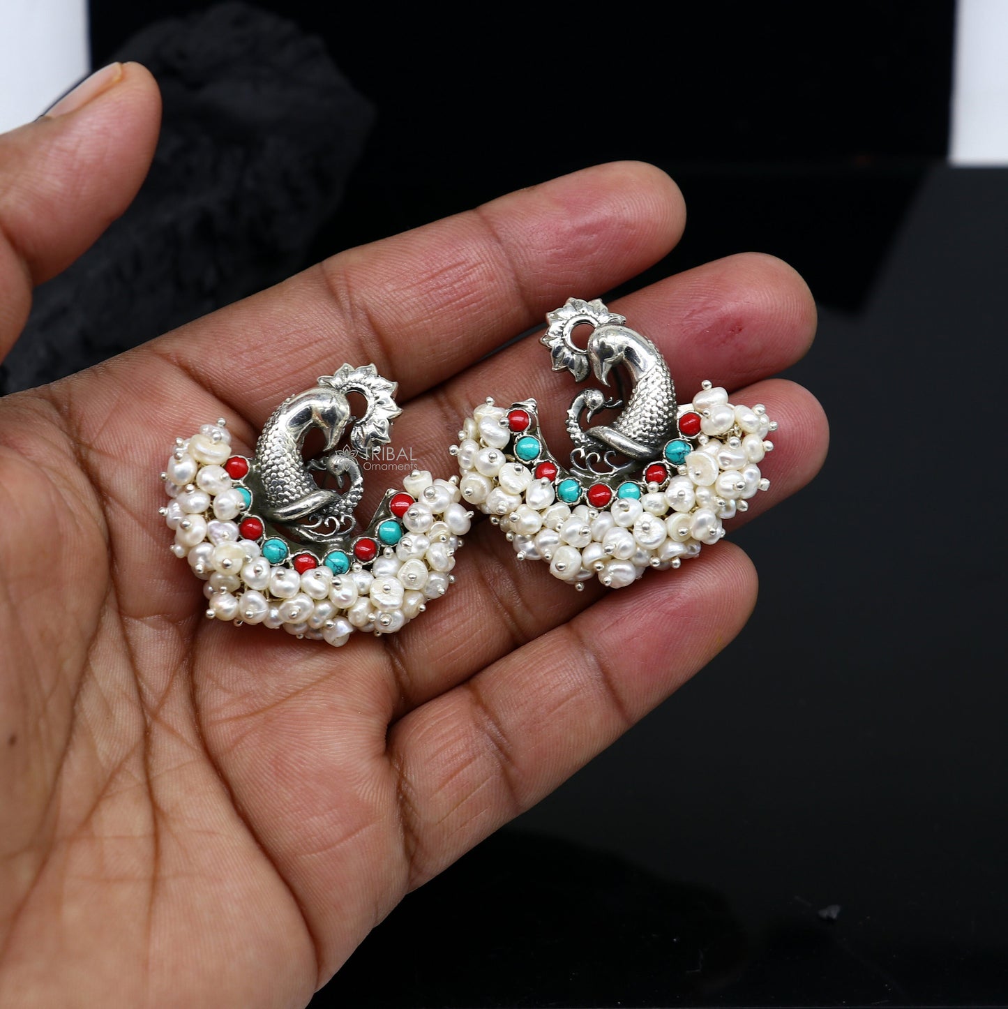 925 sterling silver handmade Stylish peacock design coral and turquoise stone stud earring fabulous hanging pearls guttapusalu jewelry s1202 - TRIBAL ORNAMENTS