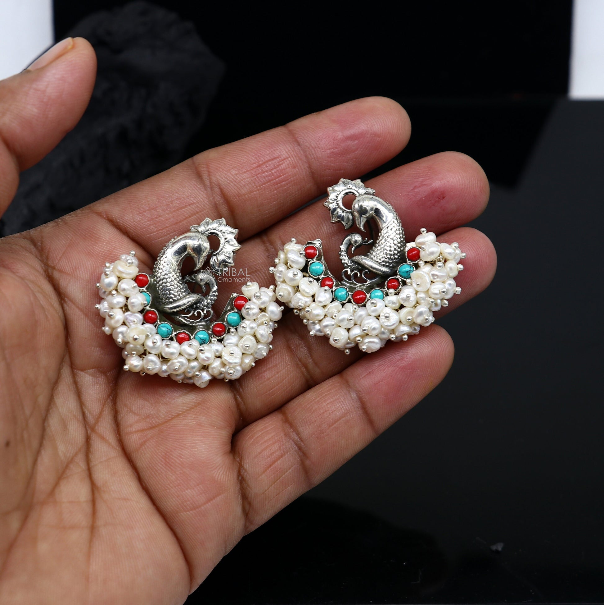 925 sterling silver handmade Stylish peacock design coral and turquoise stone stud earring fabulous hanging pearls guttapusalu jewelry s1202 - TRIBAL ORNAMENTS