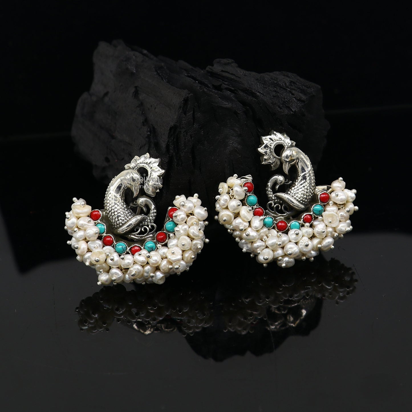 925 sterling silver handmade Stylish peacock design coral and turquoise stone stud earring fabulous hanging pearls guttapusalu jewelry s1202 - TRIBAL ORNAMENTS