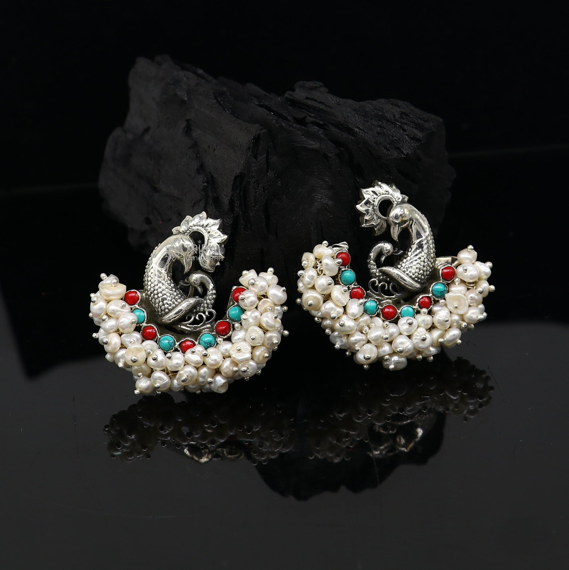 925 sterling silver handmade Stylish peacock design coral and turquoise stone stud earring fabulous hanging pearls guttapusalu jewelry s1202 - TRIBAL ORNAMENTS