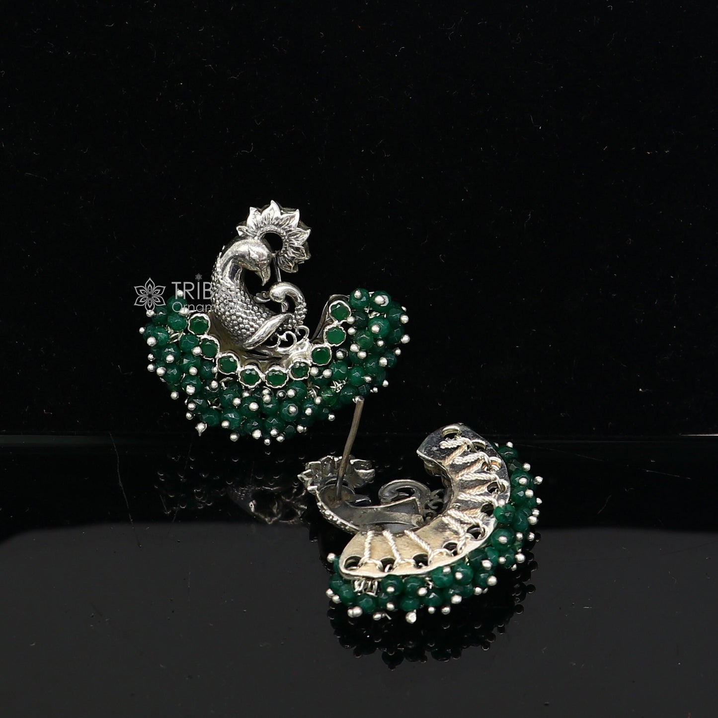 925 sterling silver handmade Stylish peacock design green stone stud earring fabulous hanging pearls guttapusalu jewelry s1203 - TRIBAL ORNAMENTS