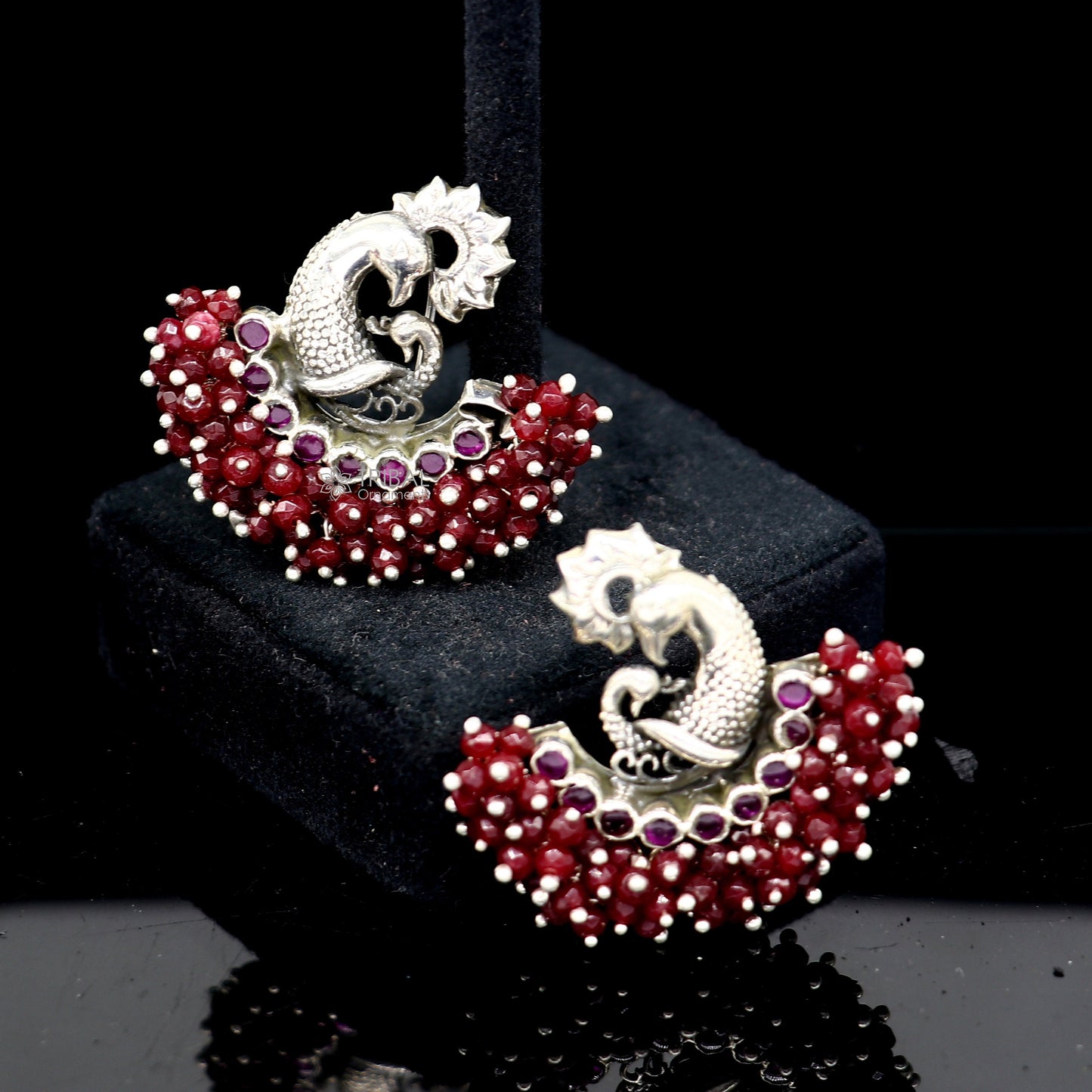 925 sterling silver handmade Stylish peacock design red stone stud earring fabulous hanging pearls guttapusalu jewelry s1204 - TRIBAL ORNAMENTS