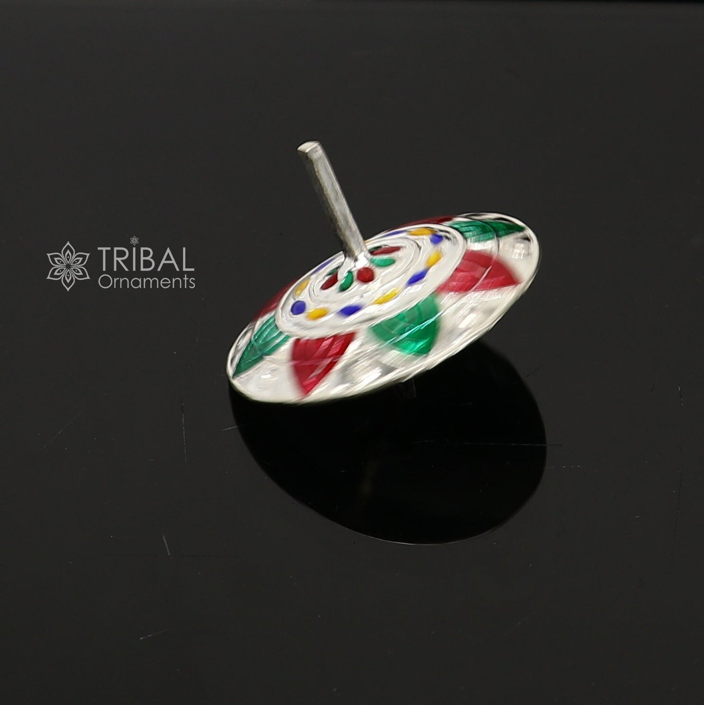 925 sterling silver handmade enamel work Firki or Lattu toy , best silver toy for your baby krishna idols, best silver article india su1152 - TRIBAL ORNAMENTS