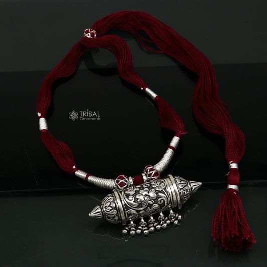 925 sterling silver amulet taviz pendant tribal ethnic necklace adjust with back thread knot, unique cultural mantra box jewelry set638 - TRIBAL ORNAMENTS