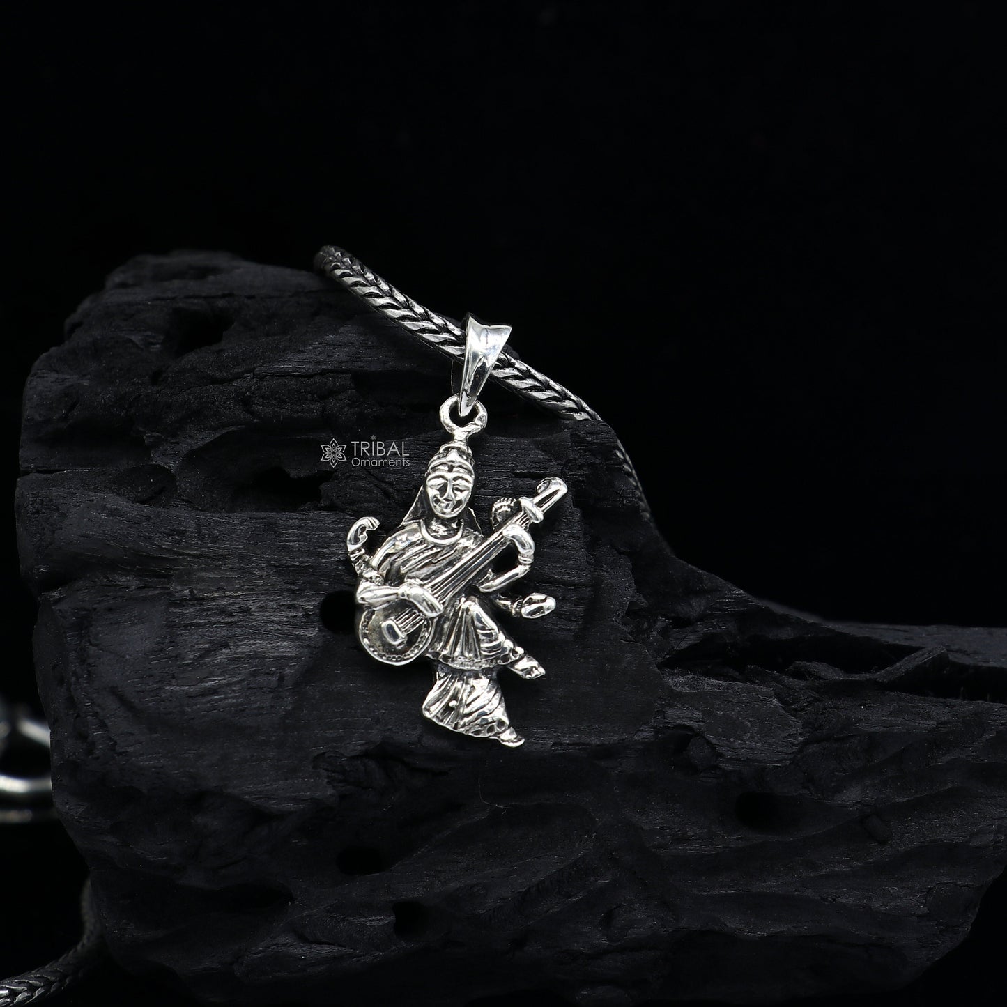 925 sterling silver handmade goddess sarashwati or saraswati maa pendant, best student pendant for pray nsp695 - TRIBAL ORNAMENTS