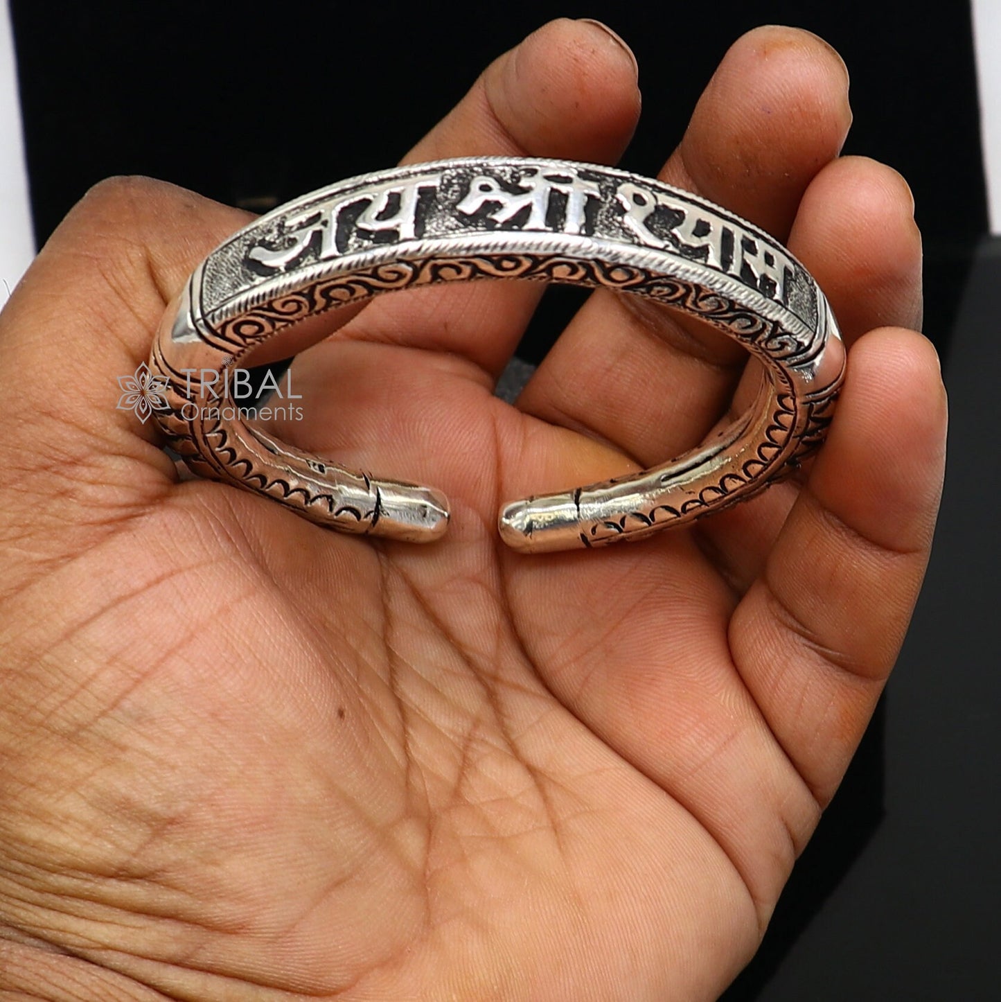 925 Sterling silver handmade chitai work "jai shree shyam" lord krishna mantra bracelet kada best divine unisex tribal ethnic jewelry nsk708 - TRIBAL ORNAMENTS