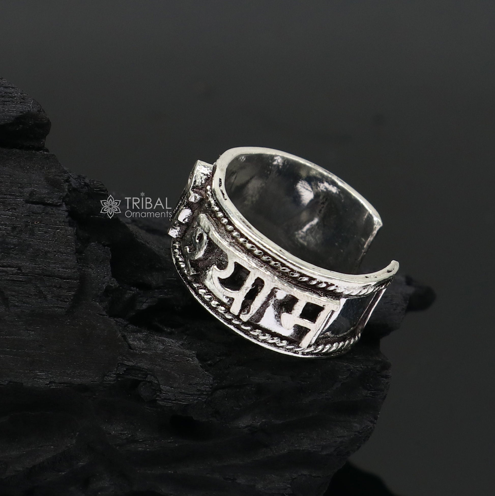 925 sterling silver 12mm wide solid handmade Adjustable idol Krishna mantra "Jai Shri Shyam" ring band, thumb ring oxidized jewelry sr380 - TRIBAL ORNAMENTS