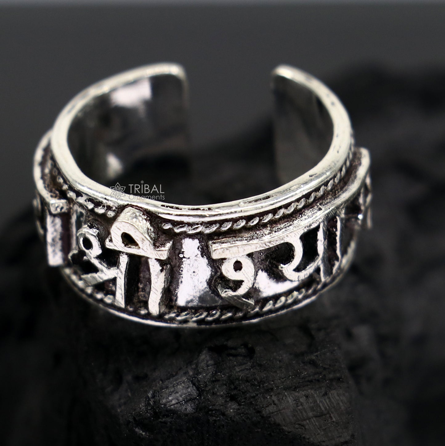 925 sterling silver 12mm wide solid handmade Adjustable idol Krishna mantra "Jai Shri Shyam" ring band, thumb ring oxidized jewelry sr380 - TRIBAL ORNAMENTS