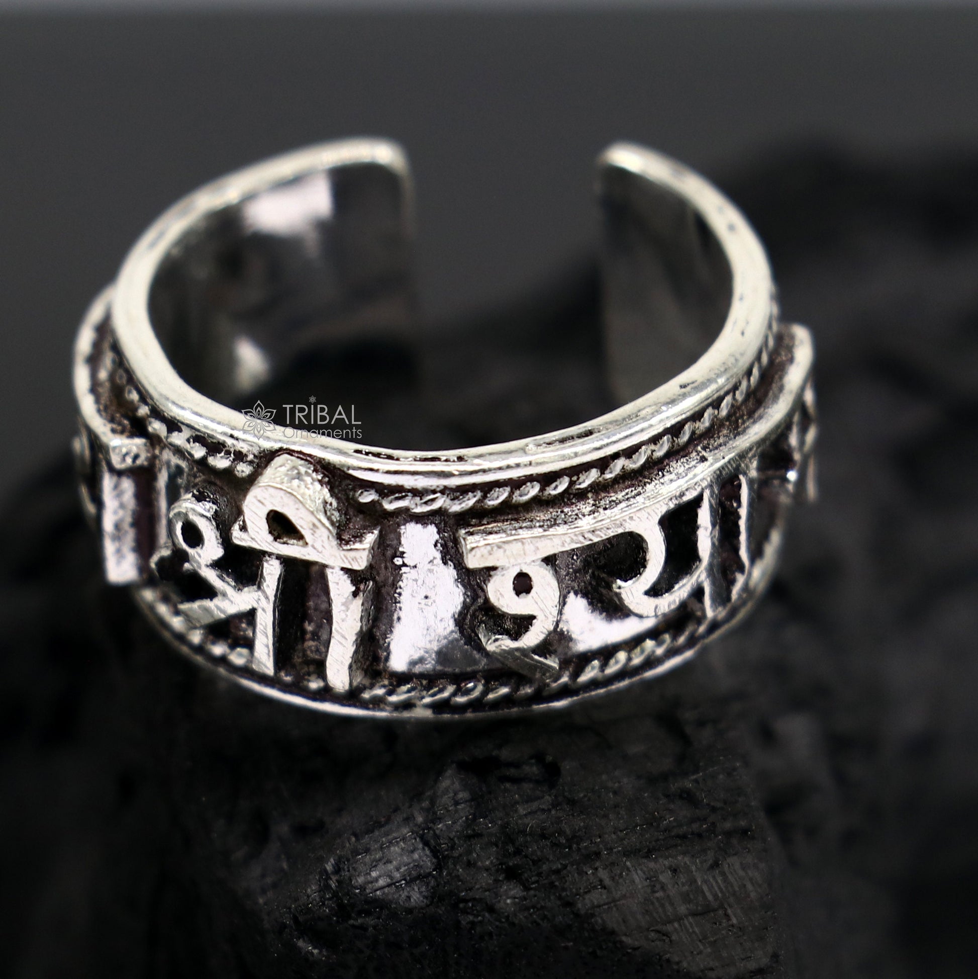 925 sterling silver 12mm wide solid handmade Adjustable idol Krishna mantra "Jai Shri Shyam" ring band, thumb ring oxidized jewelry sr380 - TRIBAL ORNAMENTS