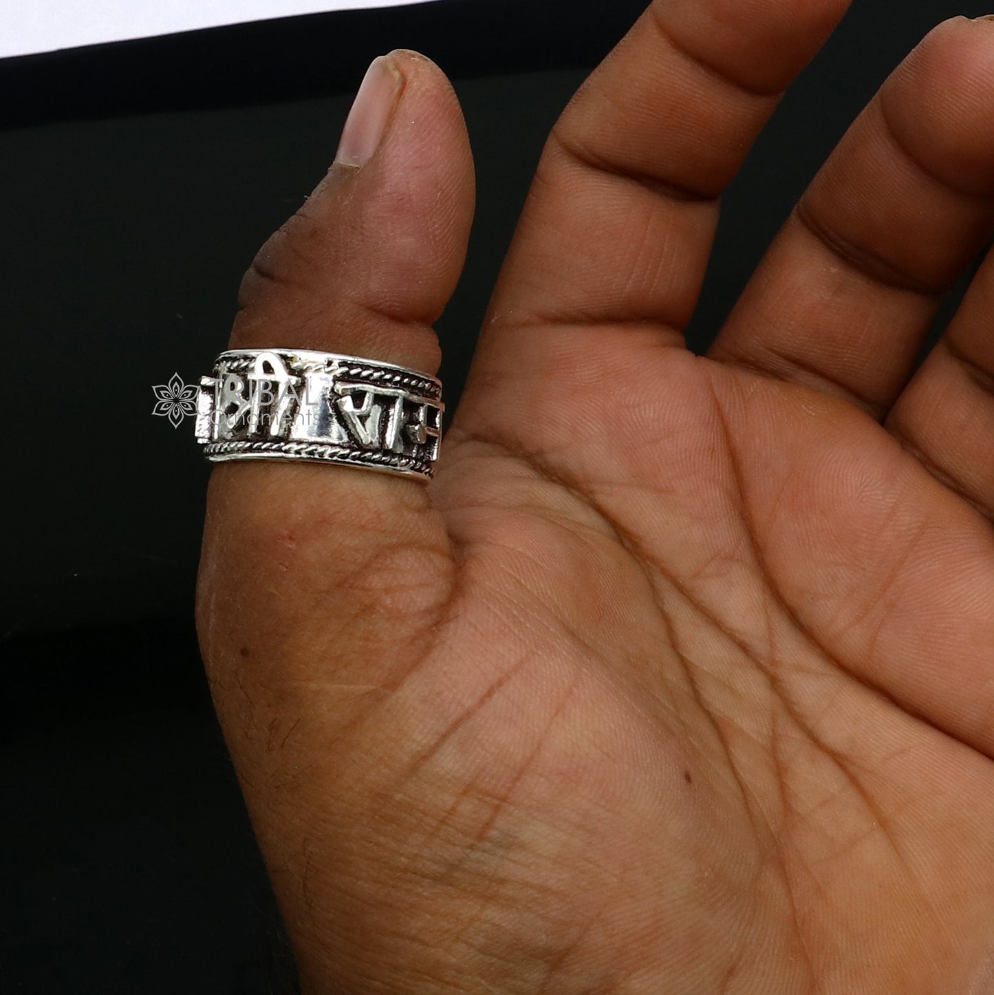 925 sterling silver 11mm wide solid handmade Adjustable idol Rama mantra "Jai Shri Ram" ring band, thumb ring classical jewelry sr381 - TRIBAL ORNAMENTS