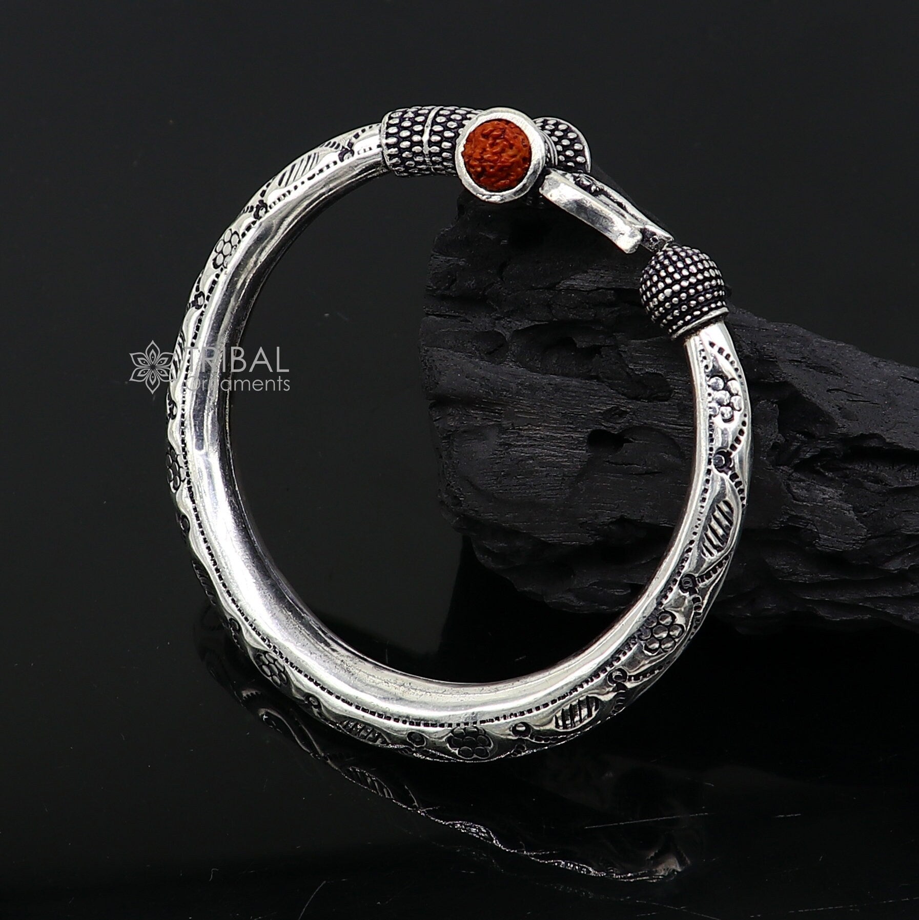 Divine Lord Shiva trident trishul trishool kada 925 Sterling silver handmade bangle bracelet with natural Rudraksha magical  kada nsk739 - TRIBAL ORNAMENTS