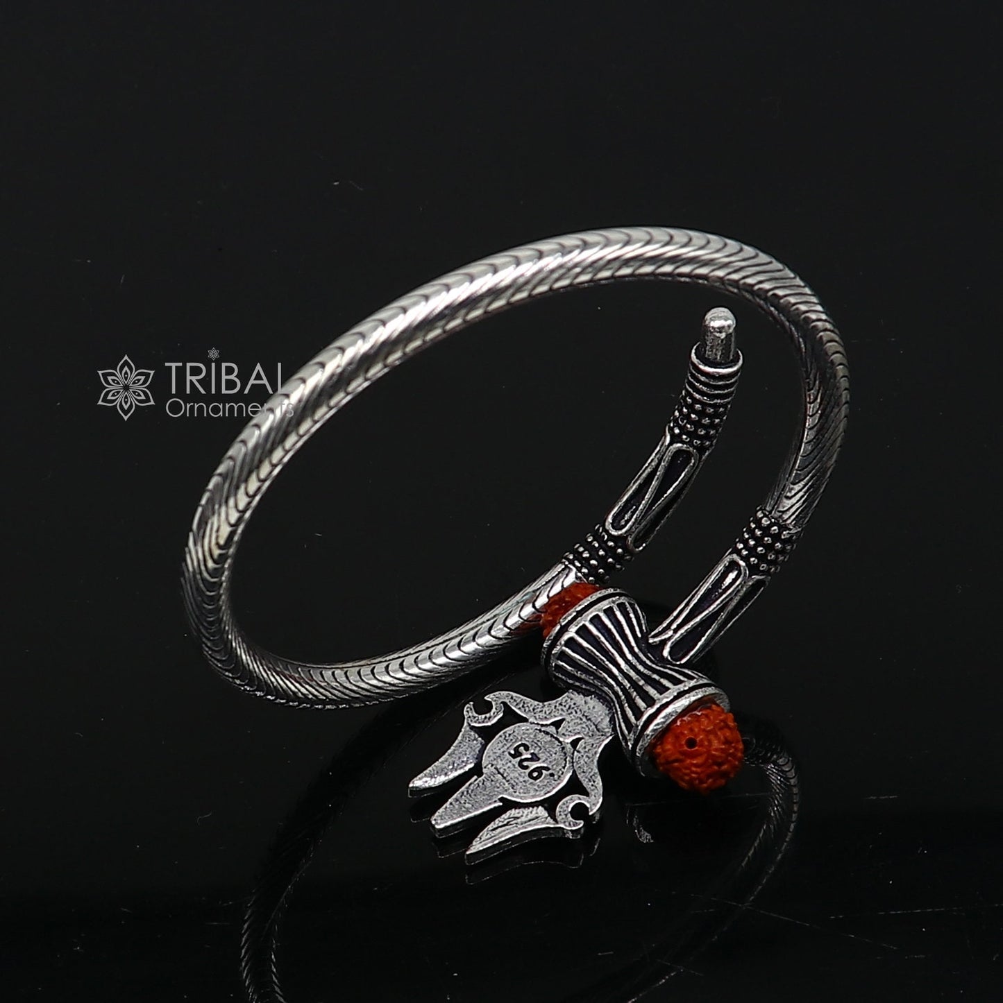 Divine Lord Shiva trident trishul trishool kada 925 Sterling silver handmade bangle bracelet with natural Rudraksha magical kada nsk740 - TRIBAL ORNAMENTS
