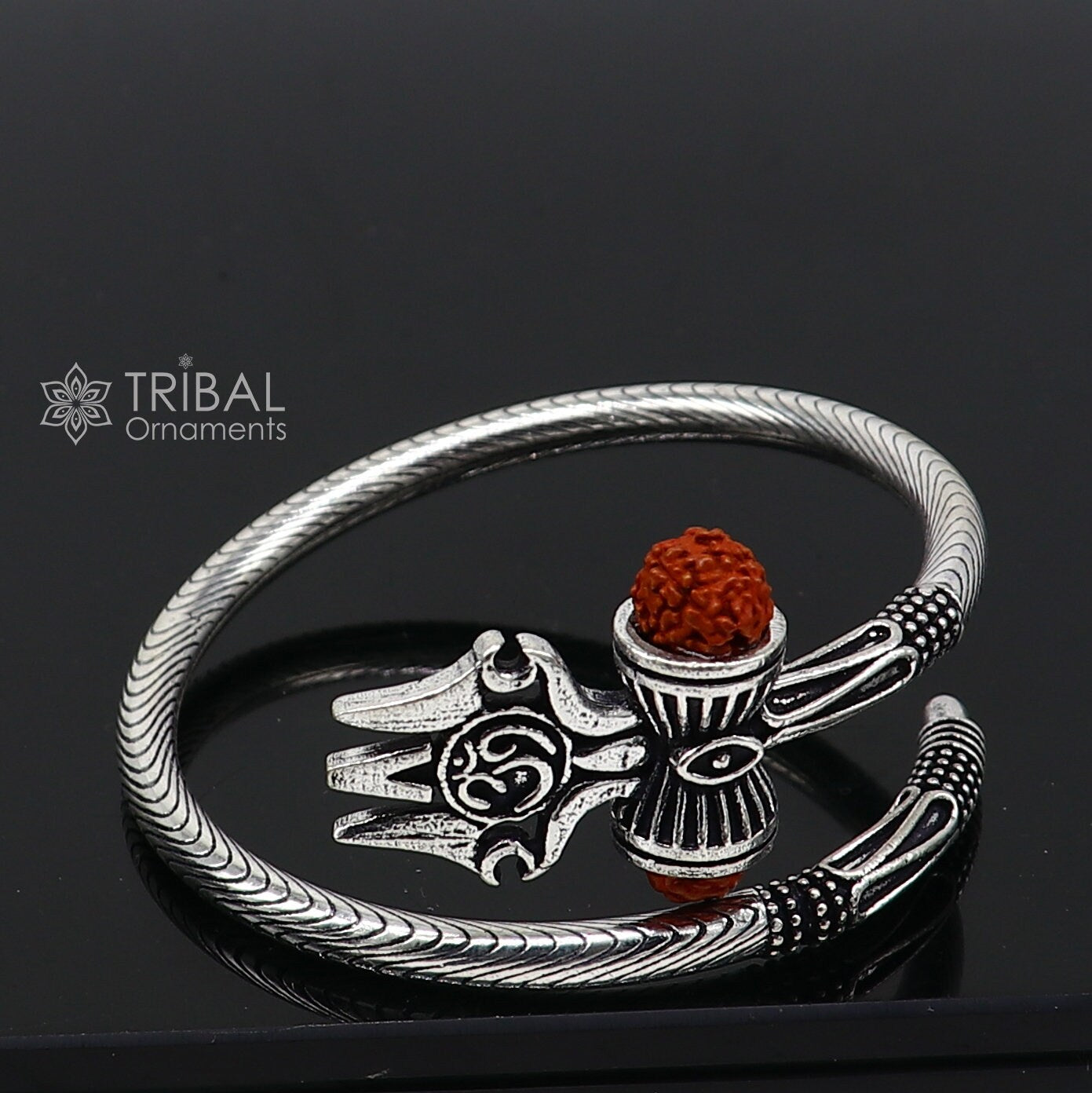 Divine Lord Shiva trident trishul trishool kada 925 Sterling silver handmade bangle bracelet with natural Rudraksha magical kada nsk740 - TRIBAL ORNAMENTS