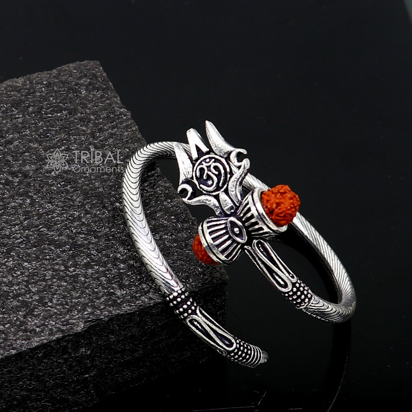 Divine Lord Shiva trident trishul trishool kada 925 Sterling silver handmade bangle bracelet with natural Rudraksha magical kada nsk740 - TRIBAL ORNAMENTS