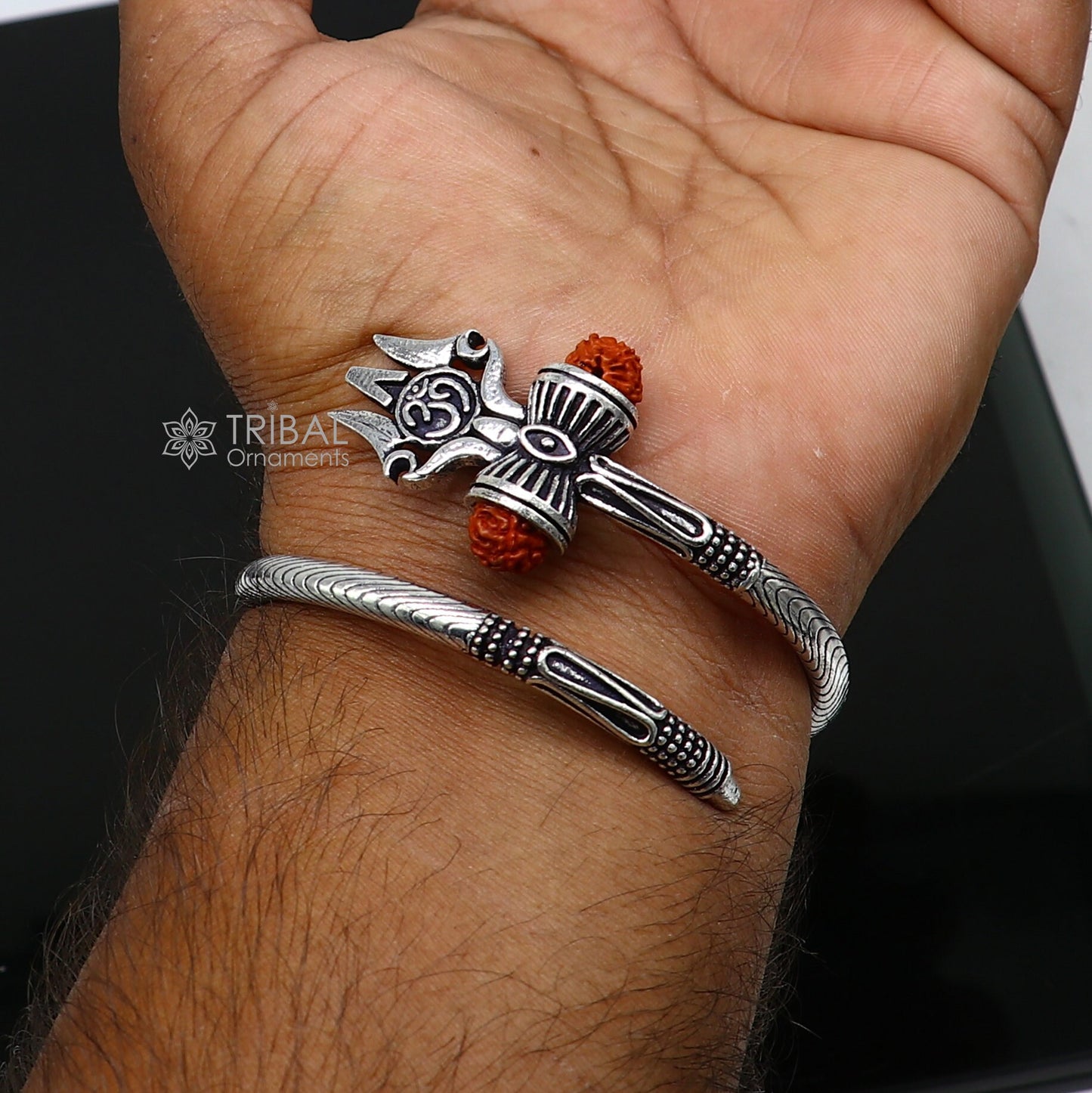Divine Lord Shiva trident trishul trishool kada 925 Sterling silver handmade bangle bracelet with natural Rudraksha magical kada nsk740 - TRIBAL ORNAMENTS