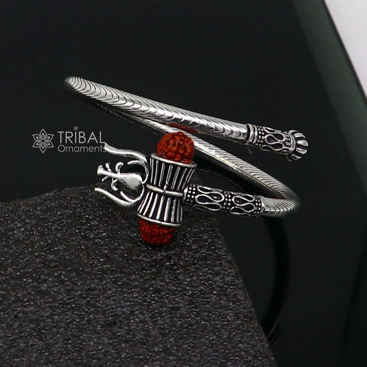 Trendy Lord Shiva trident trishul trishool kada 925 Sterling silver handmade bangle bracelet with natural Rudraksha magical kada nsk742 - TRIBAL ORNAMENTS