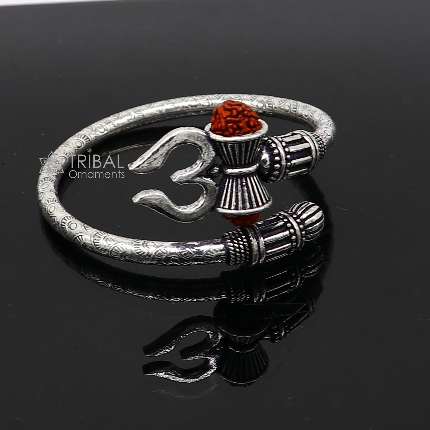 Trendy Lord Shiva trident trishul trishool kada 925 Sterling silver handmade bangle bracelet with natural Rudraksha magical kada nsk743 - TRIBAL ORNAMENTS