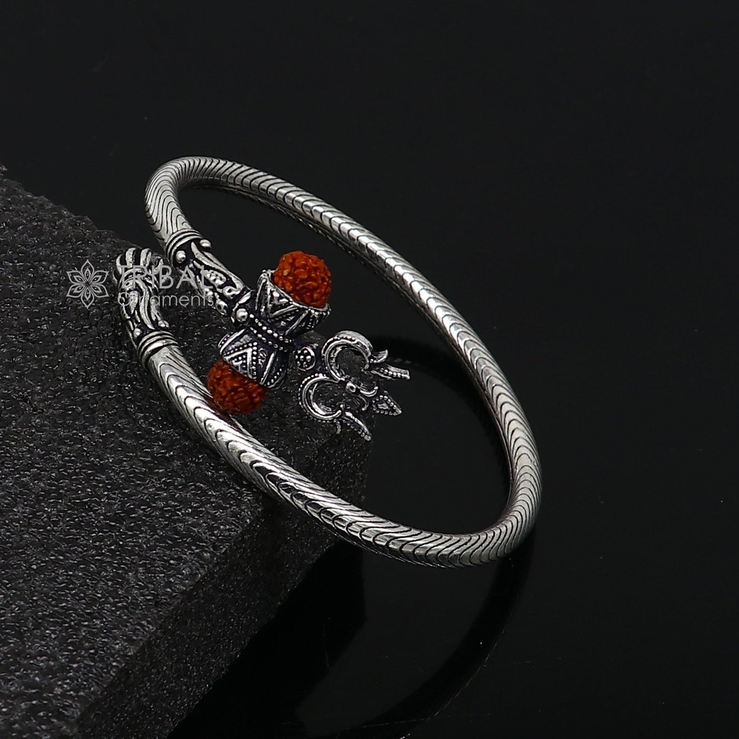 Trendy Lord Shiva trident trishul trishool kada 925 Sterling silver handmade bangle bracelet with natural Rudraksha magical kada nsk744 - TRIBAL ORNAMENTS