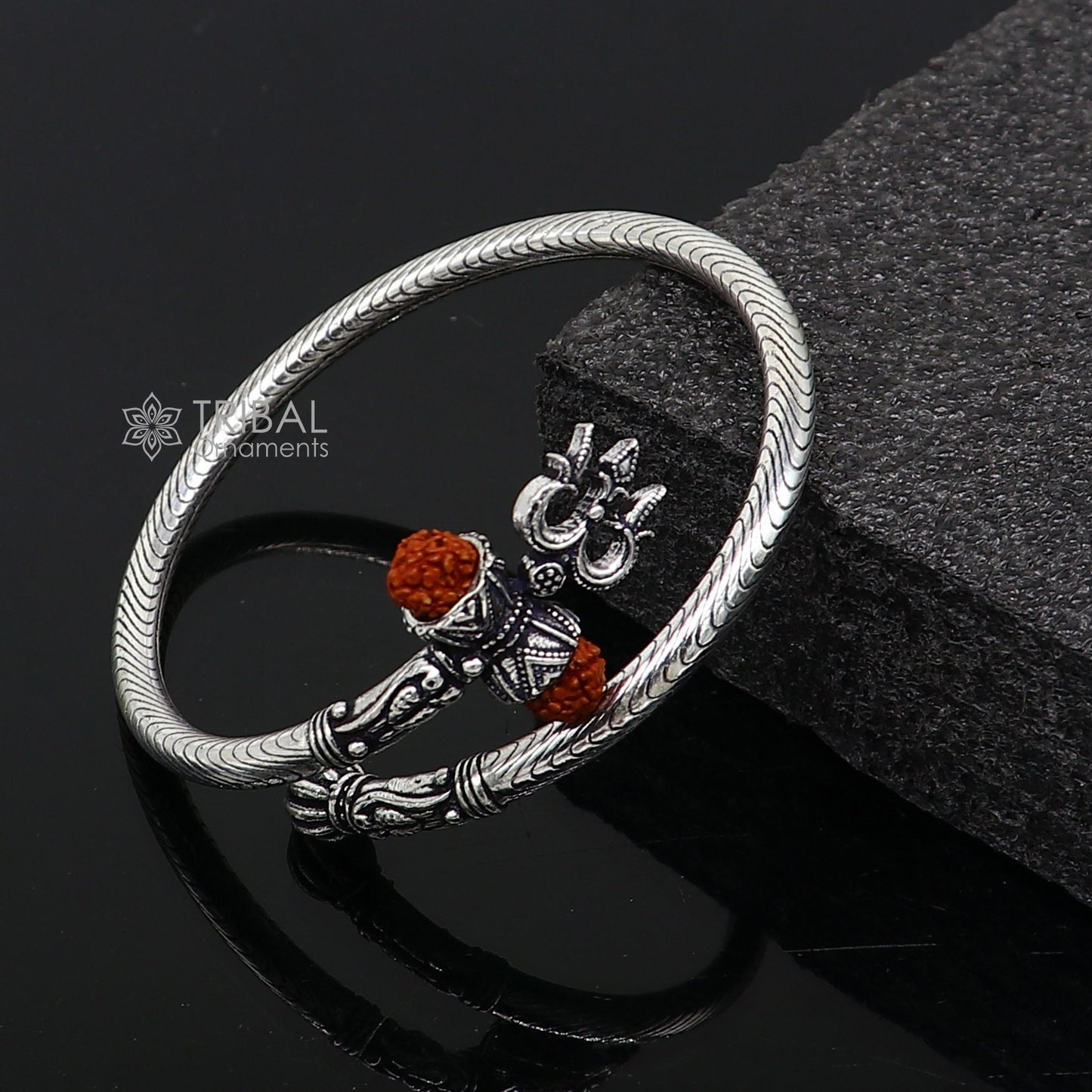 Trendy Lord Shiva trident trishul trishool kada 925 Sterling silver handmade bangle bracelet with natural Rudraksha magical kada nsk744 - TRIBAL ORNAMENTS