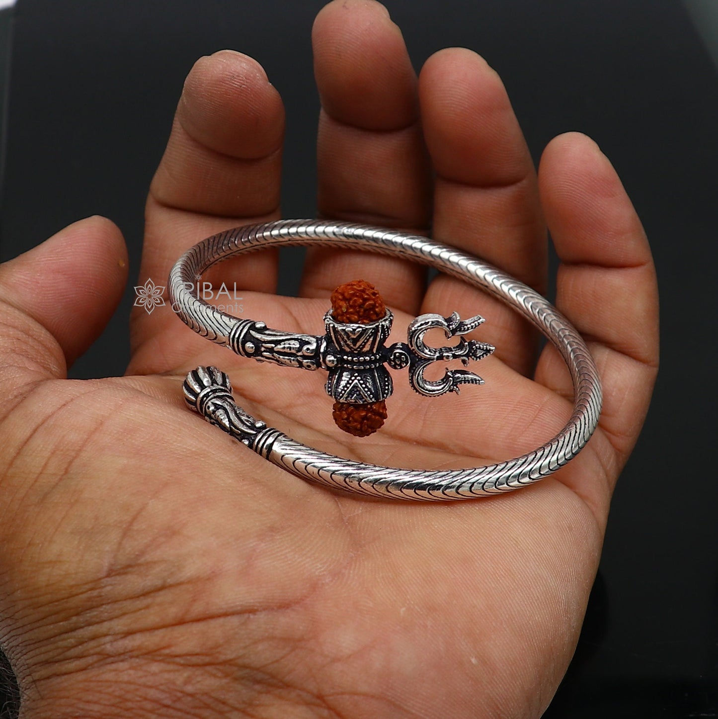 Trendy Lord Shiva trident trishul trishool kada 925 Sterling silver handmade bangle bracelet with natural Rudraksha magical kada nsk744 - TRIBAL ORNAMENTS