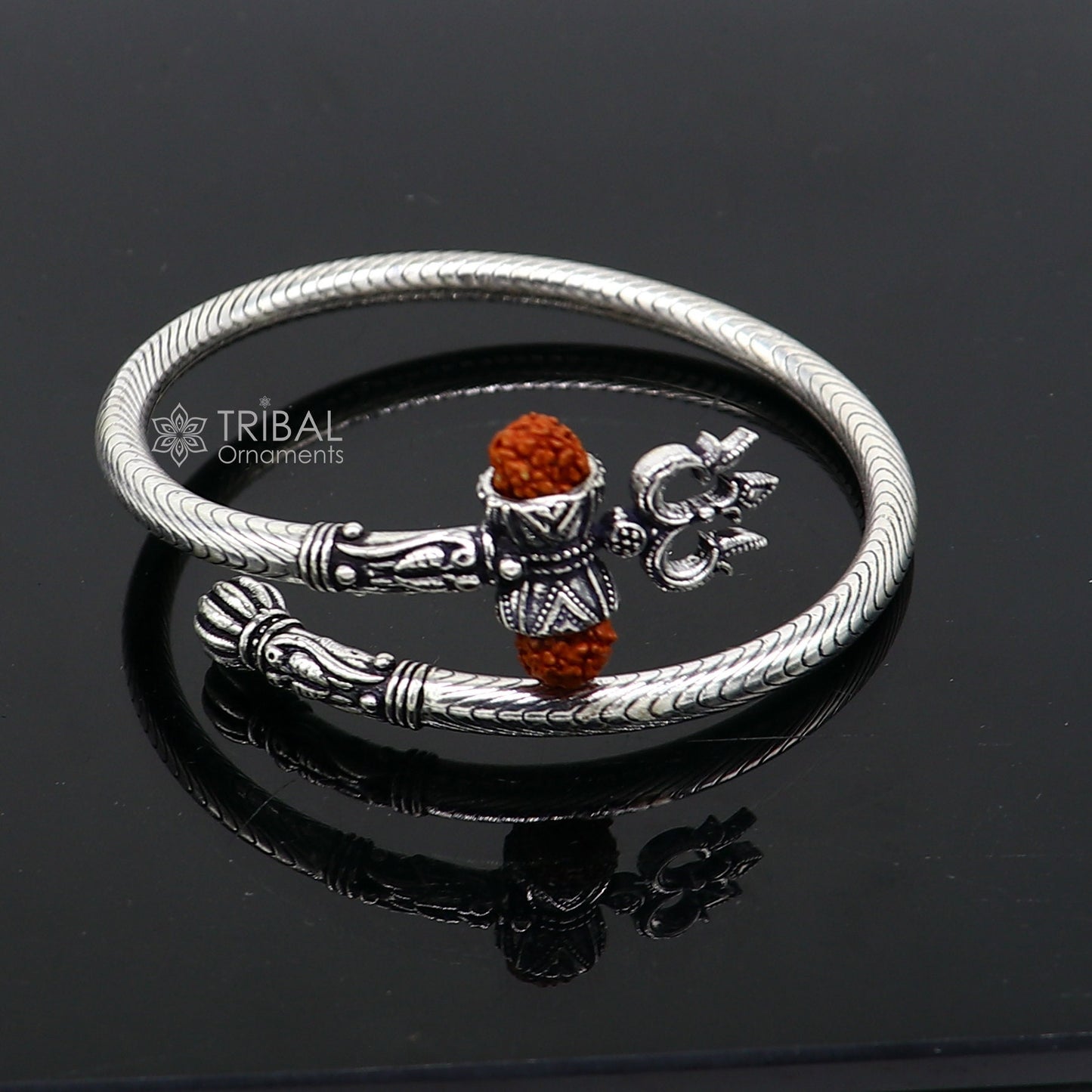 Trendy Lord Shiva trident trishul trishool kada 925 Sterling silver handmade bangle bracelet with natural Rudraksha magical kada nsk744 - TRIBAL ORNAMENTS