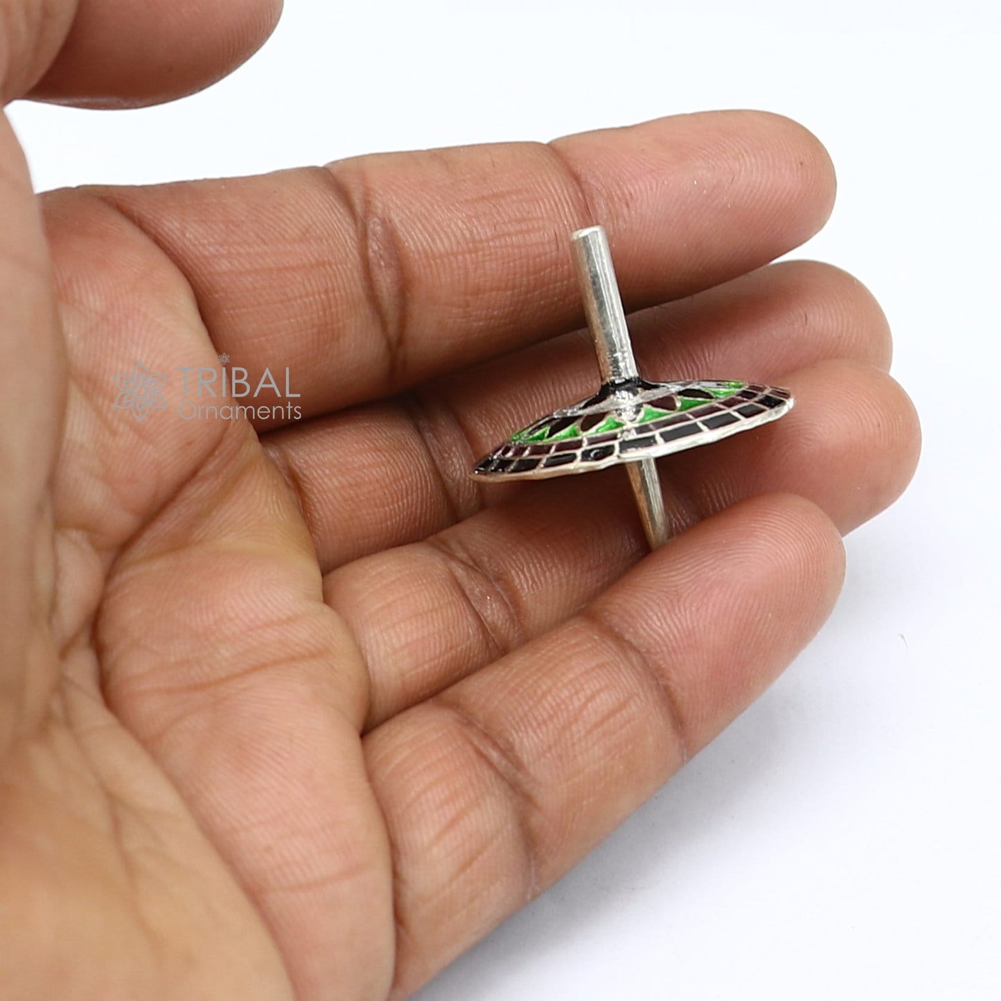925 sterling silver handmade enamel work Firki or Lattu toy , best silver toy for your baby Krishna idols, best silver article india su1156 - TRIBAL ORNAMENTS
