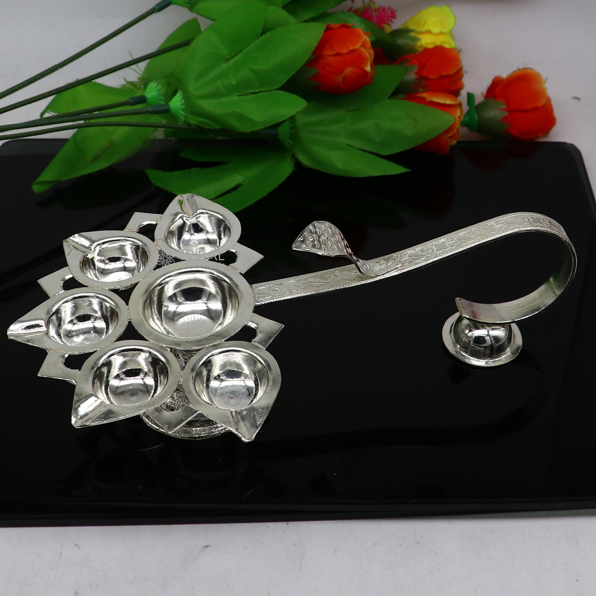 925 Sterling silver handmade amazing design home temple art Aarti lamp, Divine 5 lamp aarti for puja or worshipping su1167 - TRIBAL ORNAMENTS