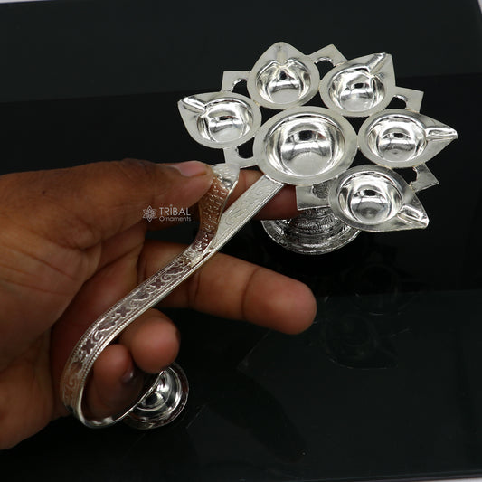 925 Sterling silver handmade amazing design home temple art Aarti lamp, Divine 5 lamp aarti for puja or worshipping su1167 - TRIBAL ORNAMENTS