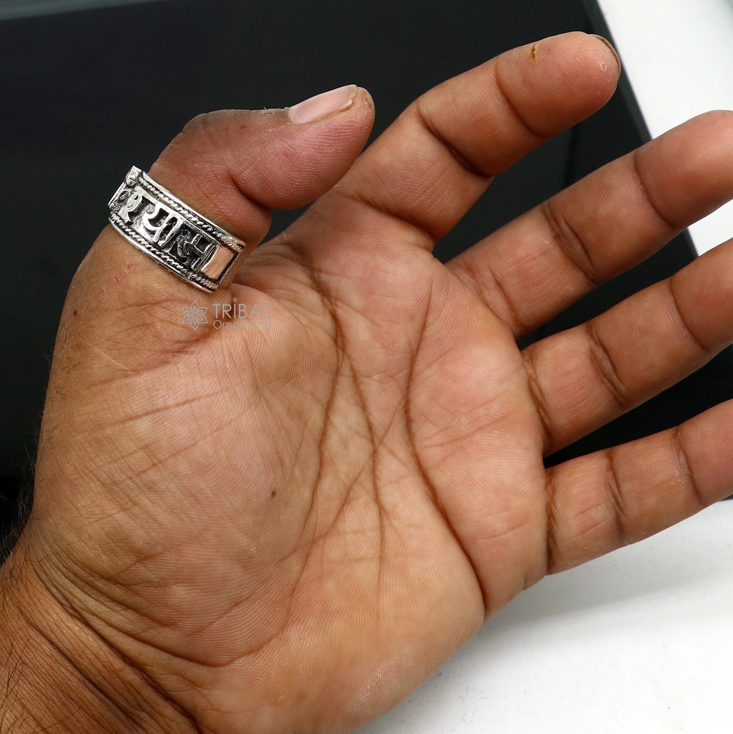 925 sterling silver 12mm wide solid handmade Adjustable idol Krishna mantra "Jai Shri Shyam" ring band, thumb ring oxidized jewelry sr380 - TRIBAL ORNAMENTS