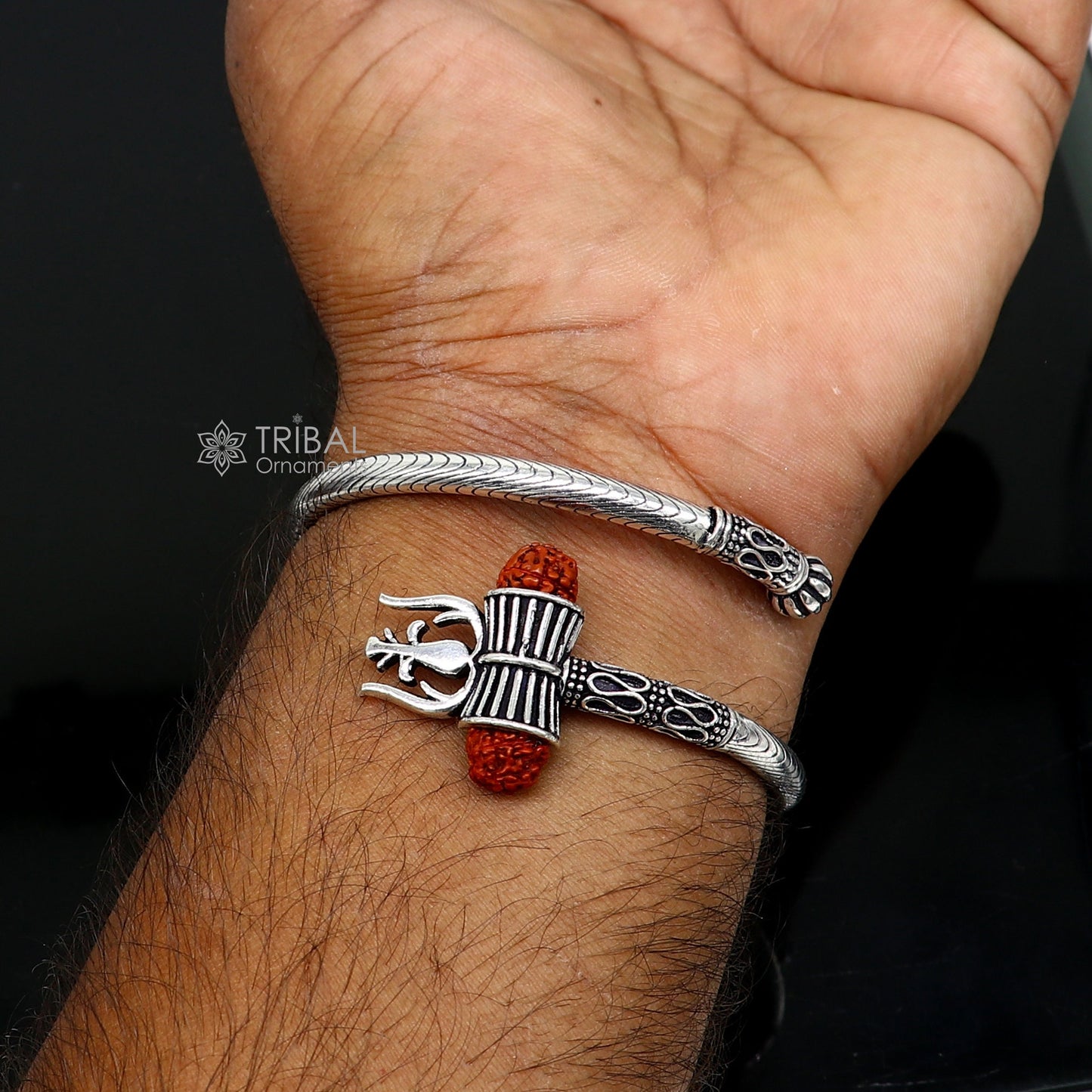 Trendy Lord Shiva trident trishul trishool kada 925 Sterling silver handmade bangle bracelet with natural Rudraksha magical kada nsk742 - TRIBAL ORNAMENTS