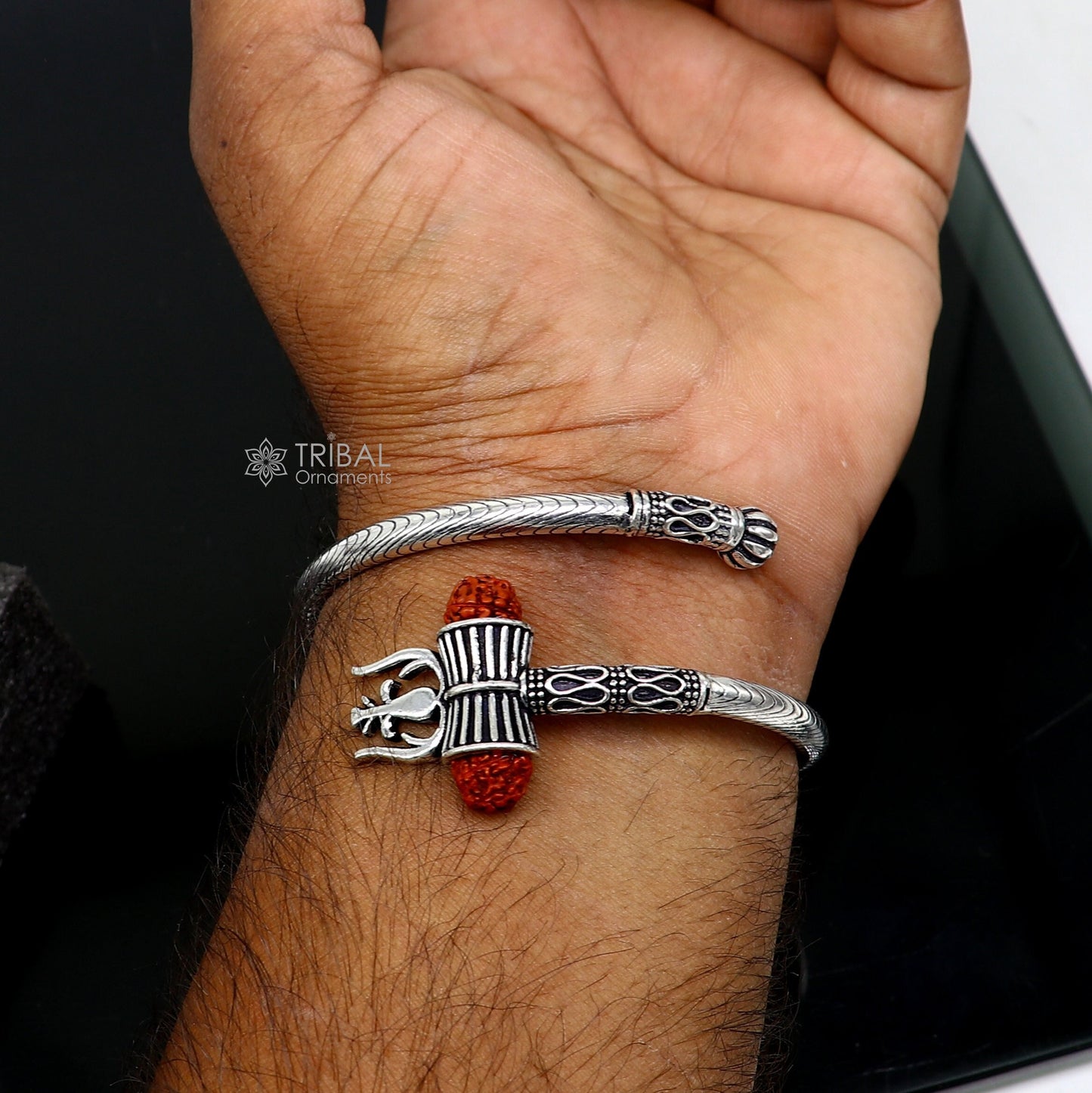 Trendy Lord Shiva trident trishul trishool kada 925 Sterling silver handmade bangle bracelet with natural Rudraksha magical kada nsk742 - TRIBAL ORNAMENTS