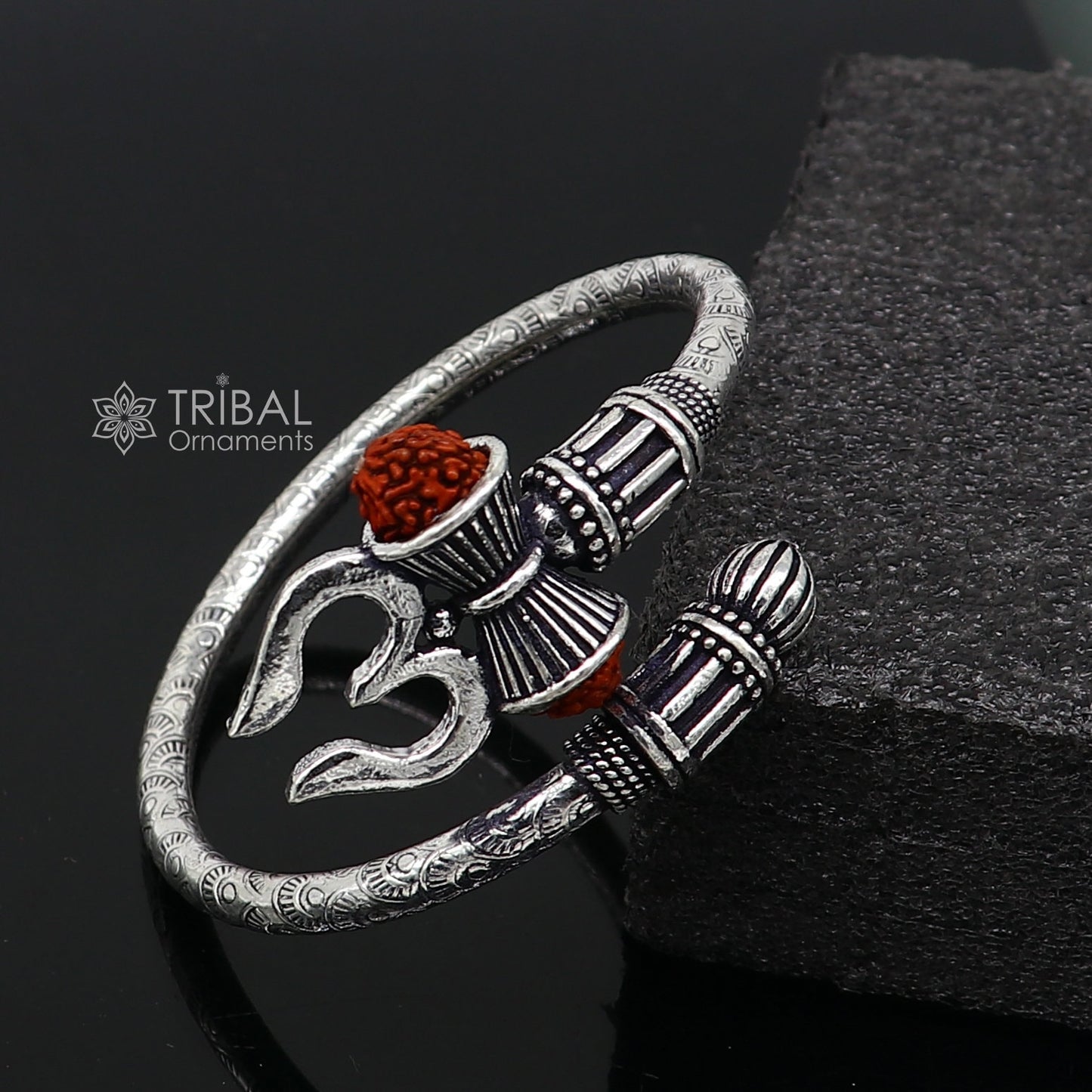 Trendy Lord Shiva trident trishul trishool kada 925 Sterling silver handmade bangle bracelet with natural Rudraksha magical kada nsk743 - TRIBAL ORNAMENTS