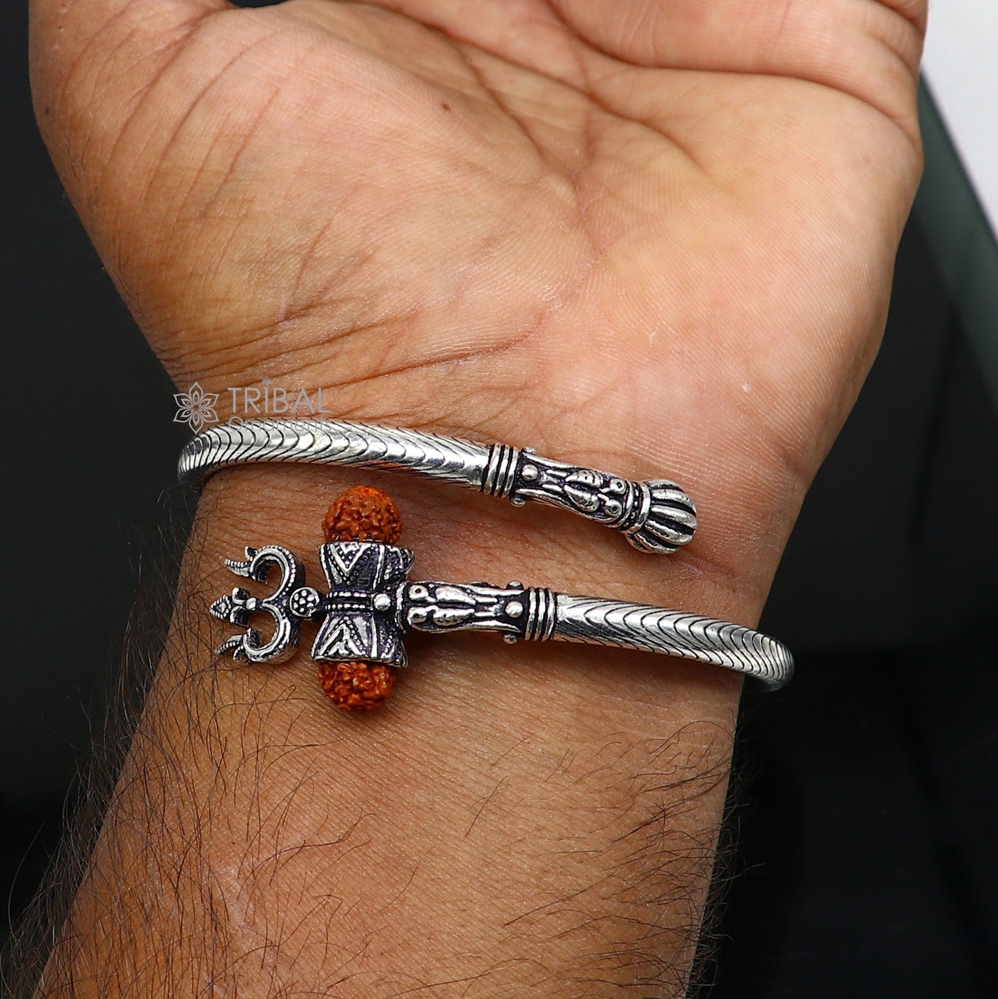 Trendy Lord Shiva trident trishul trishool kada 925 Sterling silver handmade bangle bracelet with natural Rudraksha magical kada nsk744 - TRIBAL ORNAMENTS
