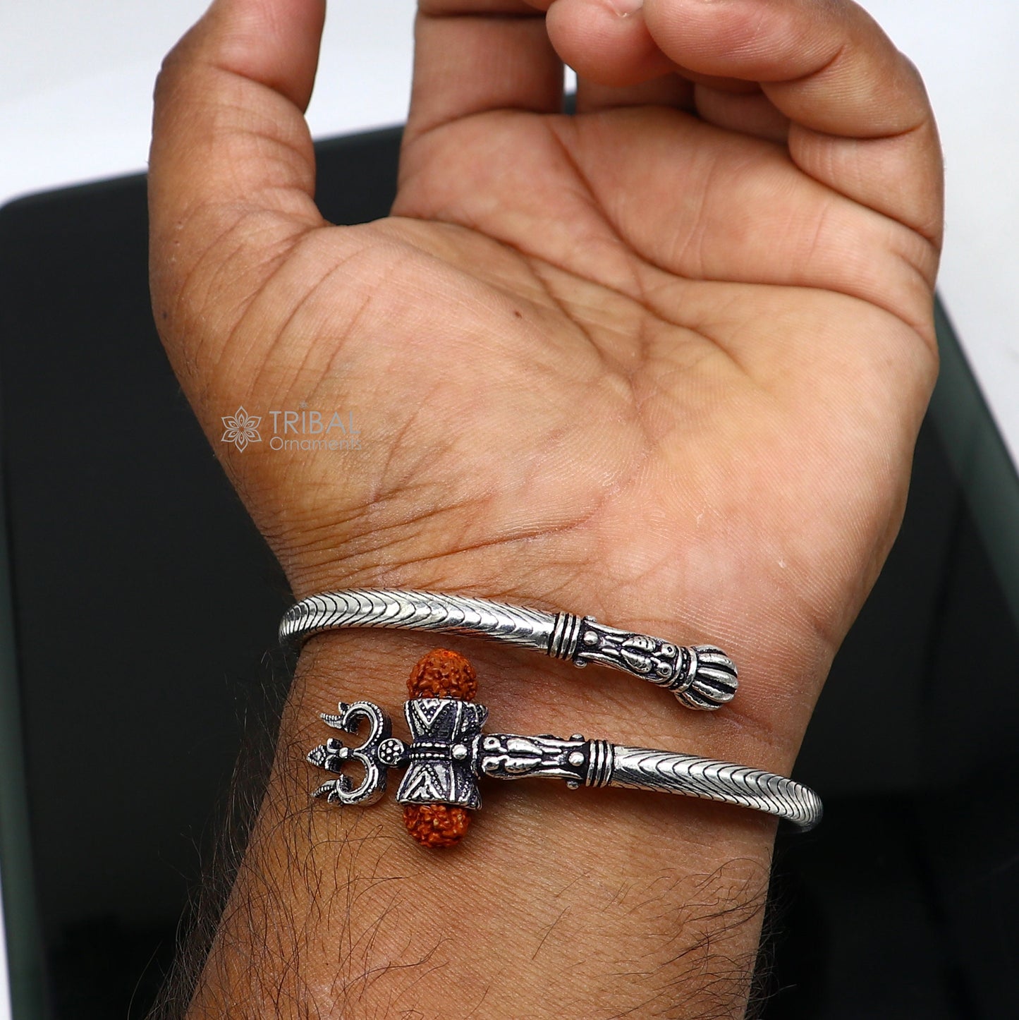 Trendy Lord Shiva trident trishul trishool kada 925 Sterling silver handmade bangle bracelet with natural Rudraksha magical kada nsk744 - TRIBAL ORNAMENTS