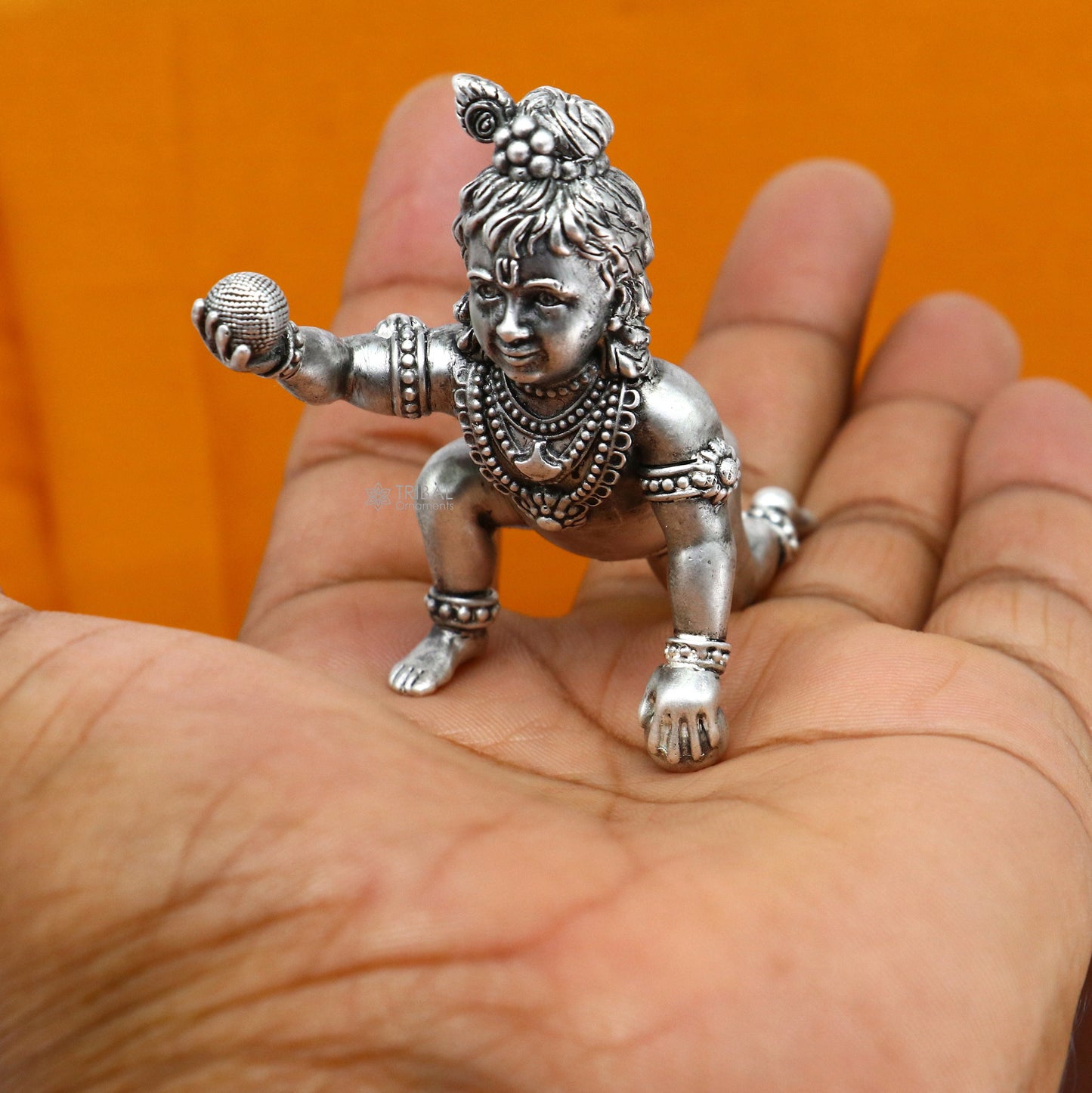 925 Sterling silver Idol Krishna Bal Gopal crawling Krishna statue figurine, silver baby Krishna laddu Gopal sculpture article art698 - TRIBAL ORNAMENTS