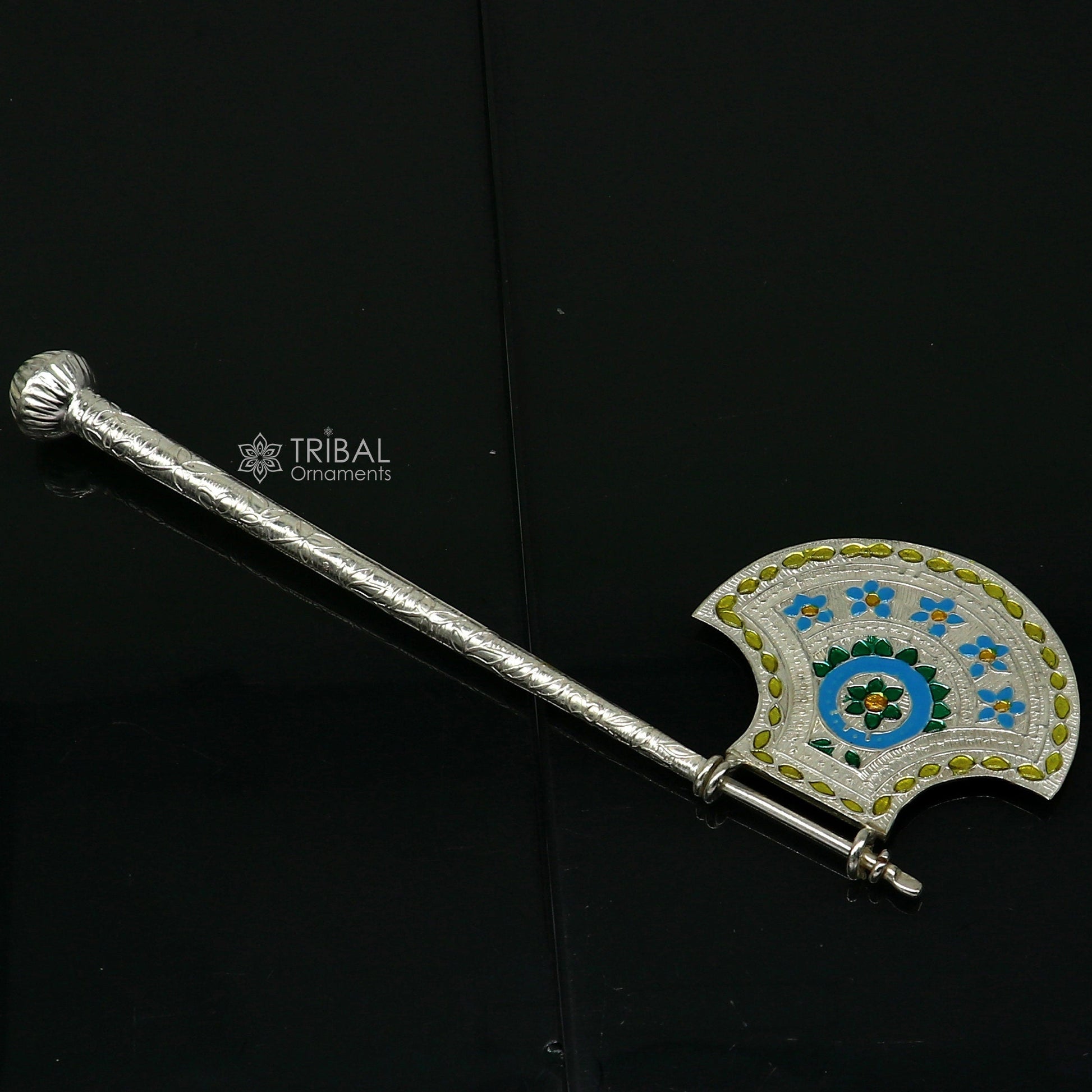925 sterling silver pankhi, floral design small fan or pankhi for god puja, best gifting laddu gopala krishna, silver hand driven fan su1174 - TRIBAL ORNAMENTS